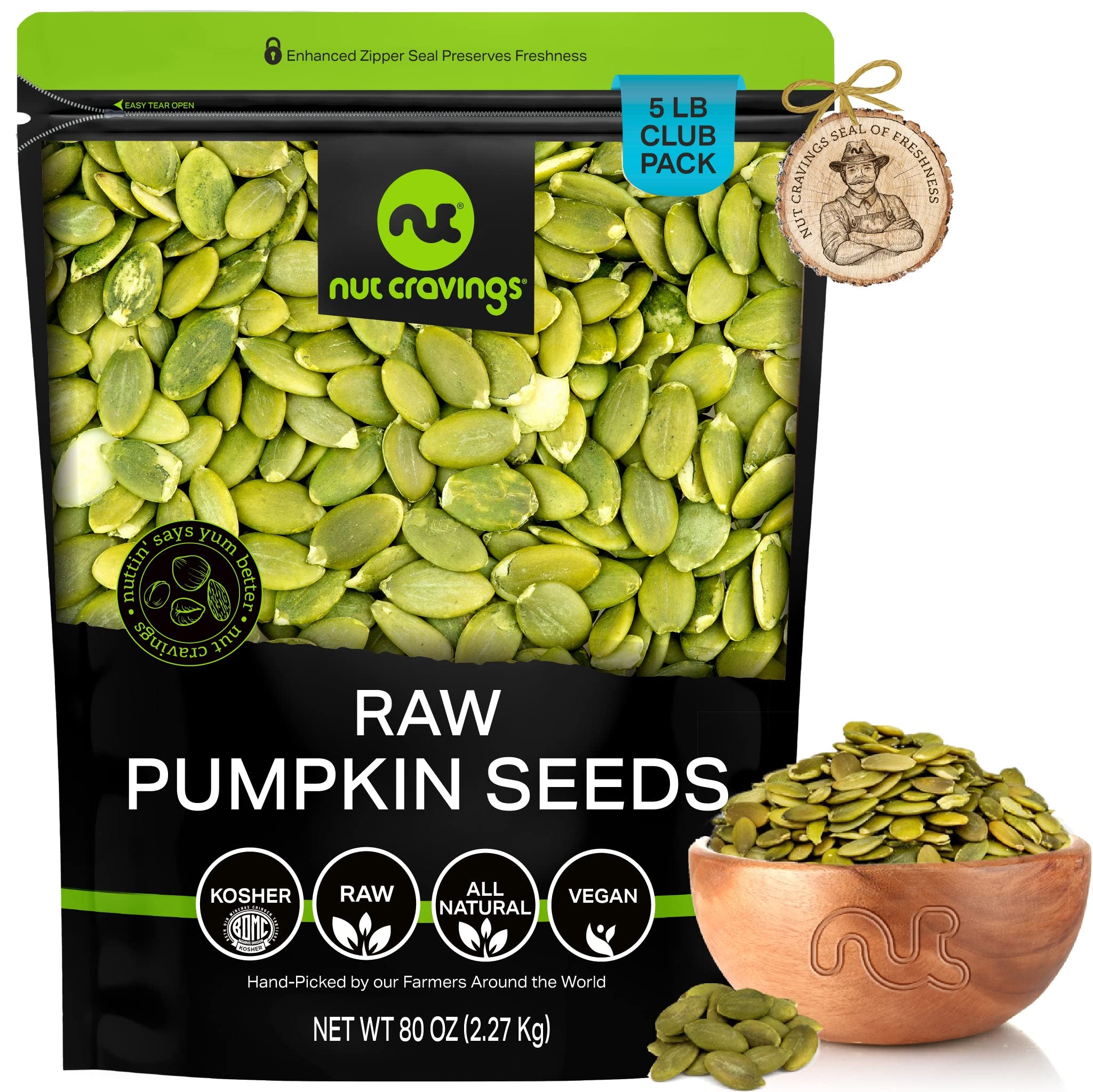 Nut Cravings - Raw Pumpkin Seeds Pepitas, Unsalted, Shelled, Superior to Organic (80oz - 5 LB) Bulk Nuts Packed Fresh in Resealable Bag - Healthy Protein Snack, All Natural, Keto, Vegan, Kosher