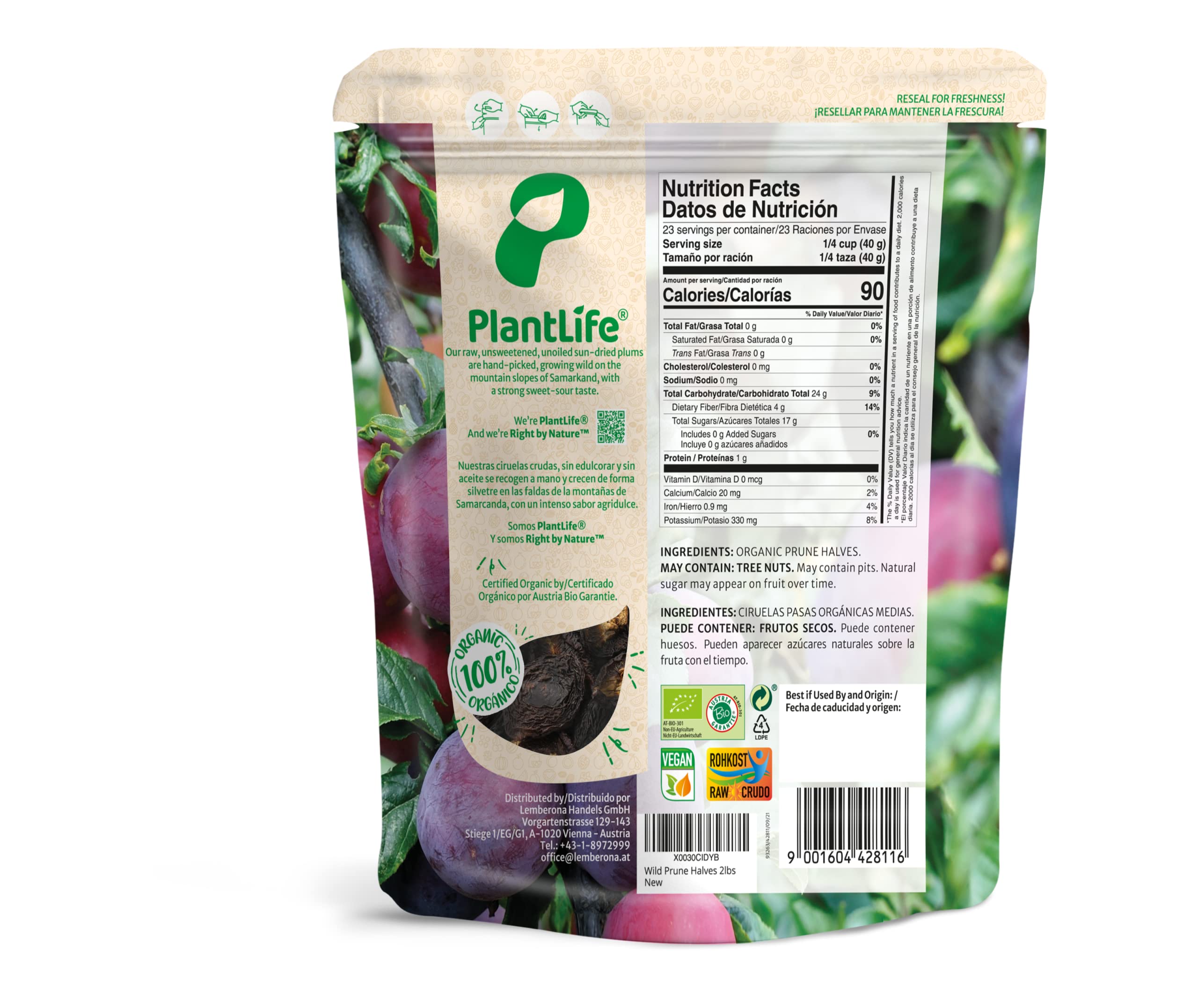 PlantLife Organic Dried Prunes (pitted) 2lbs – Sun-dried, Raw-Food, Wild Picked, Non-GMO, Certified USDA Organic, Unsulfured & Vegan