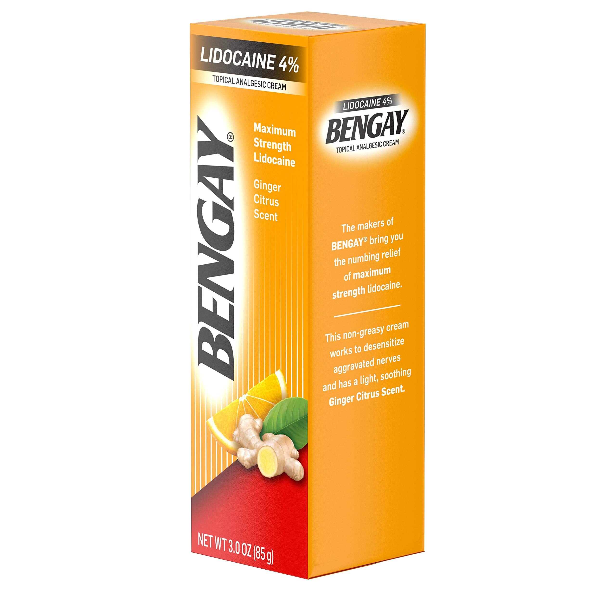 Bengay Pain Relieving Lidocaine Cream, Non-Greasy Topical Analgesic Cream with The Maximum Strength Numbing Relief of 4% Lidocaine HCl, Pleasant and Soothing Ginger Citrus Scent, 3 oz