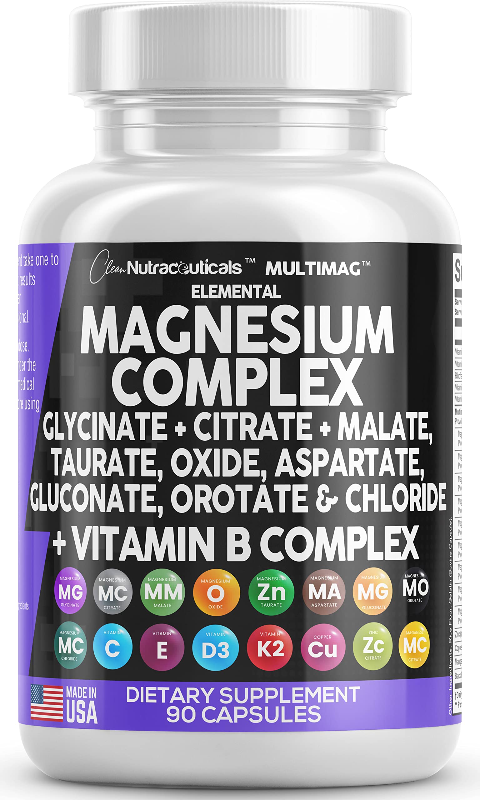 Magnesium Complex 2285mg with Glycinate Citrate Malate Oxide Taurate Aspartate Gluconate Orotate & Mag Chloride, Zinc Copper Manganese Vitamin C B1 B2 B6 B12 - 90 Count