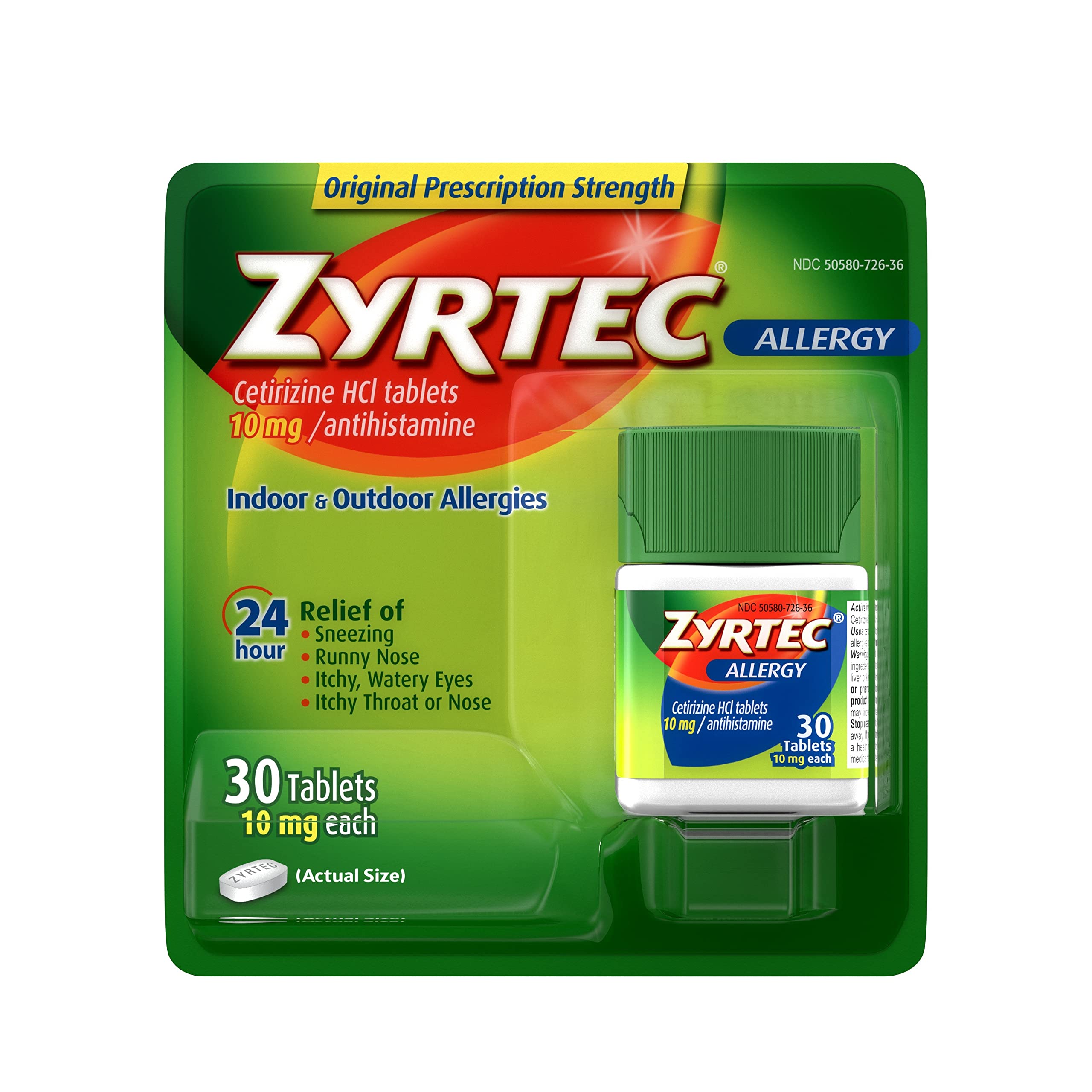 Zyrtec 24 Hour Allergy Relief Tablets, 10 mg Cetirizine HCl Antihistamine Allergy Medicine, 30 ct