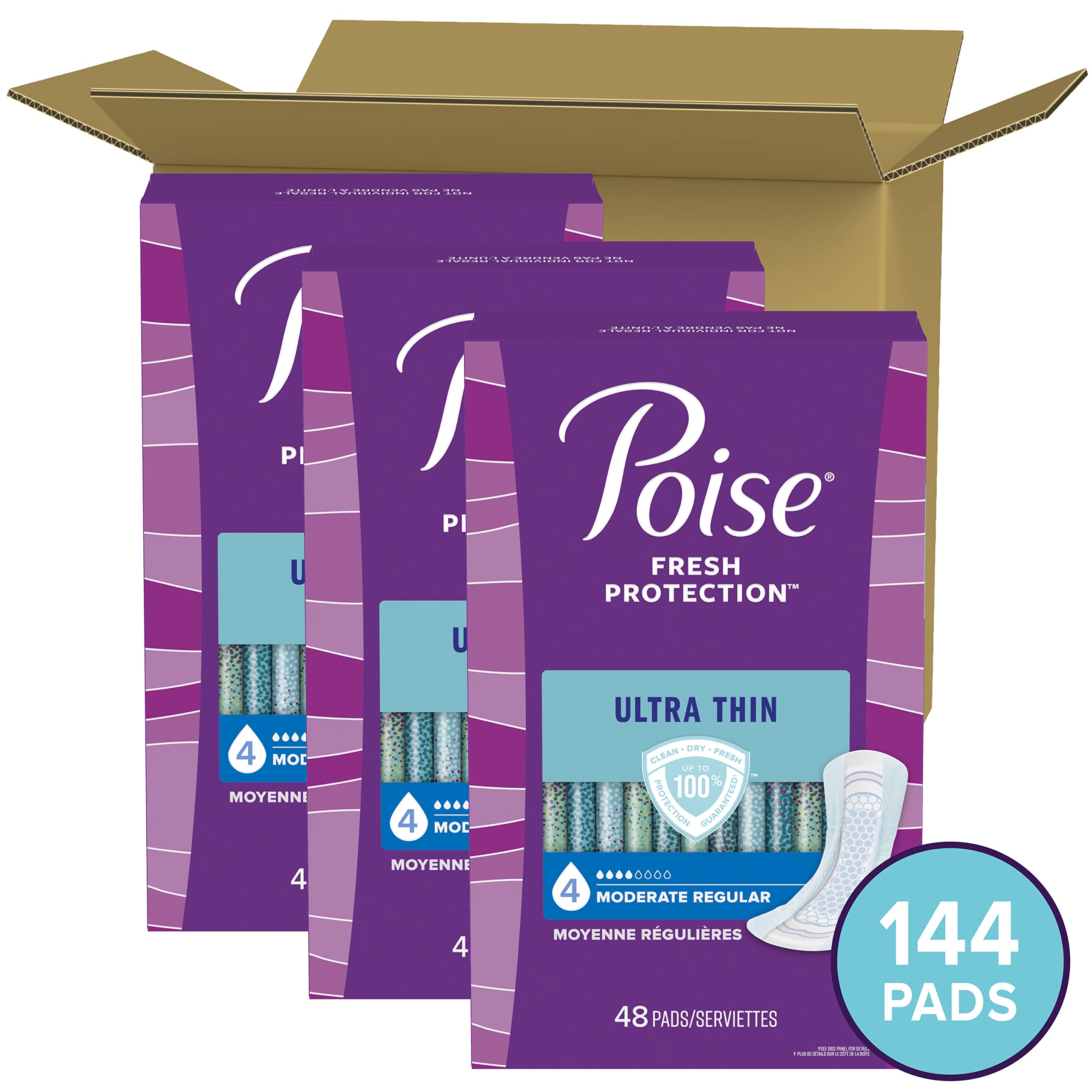 Poise Ultra Thin Incontinence Pads & Postpartum Incontinence Pads, 4 Drop Moderate Absorbency, Regular Length, 144 Count