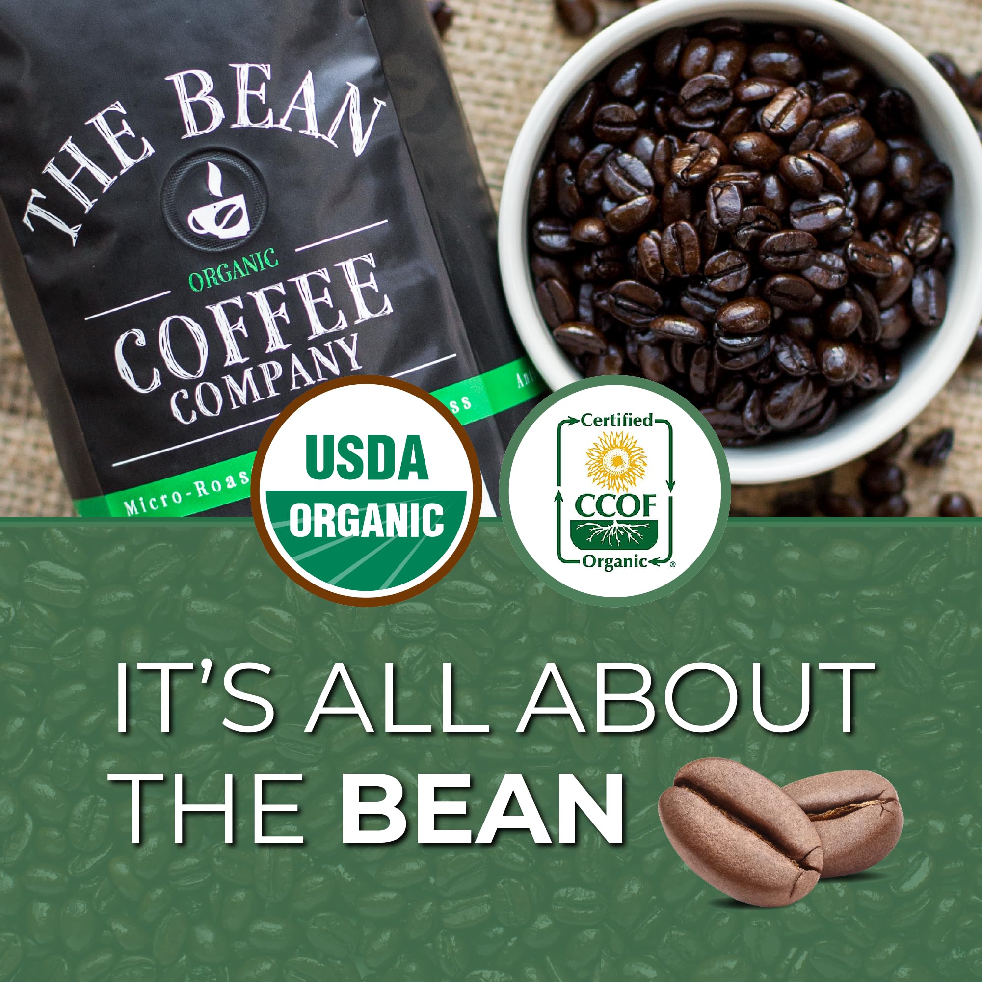 The Bean Organic Coffee Company Water Processed DECAF Le Bean, Dark French Roast, Whole Bean Coffee, 16-Ounce Bag