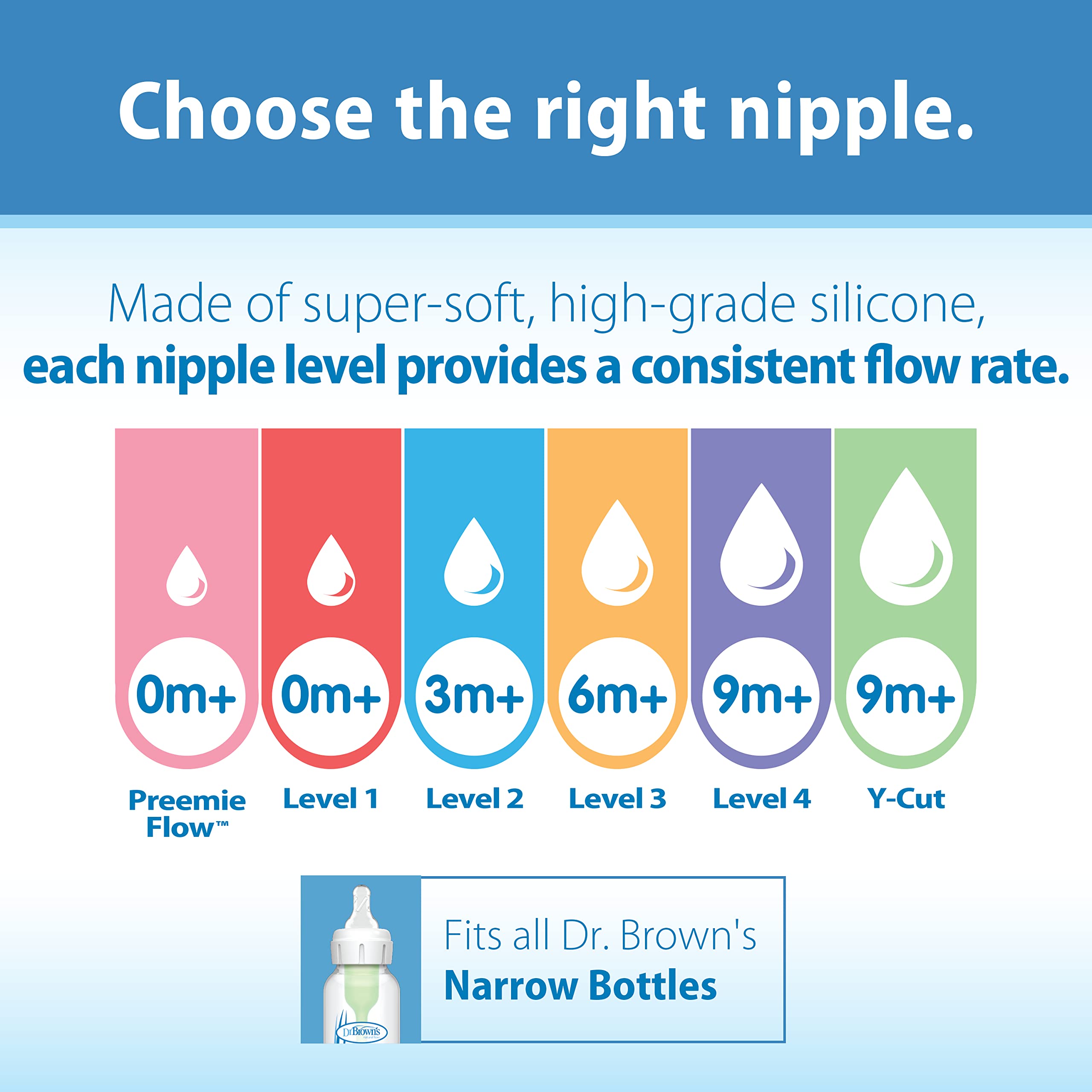 Dr. Brown’s Natural Flow Level 2 Narrow Baby Bottle Silicone Nipple, Medium Flow, 3m+, 100% Silicone Bottle Nipple, 6 Count (Pack of 1)