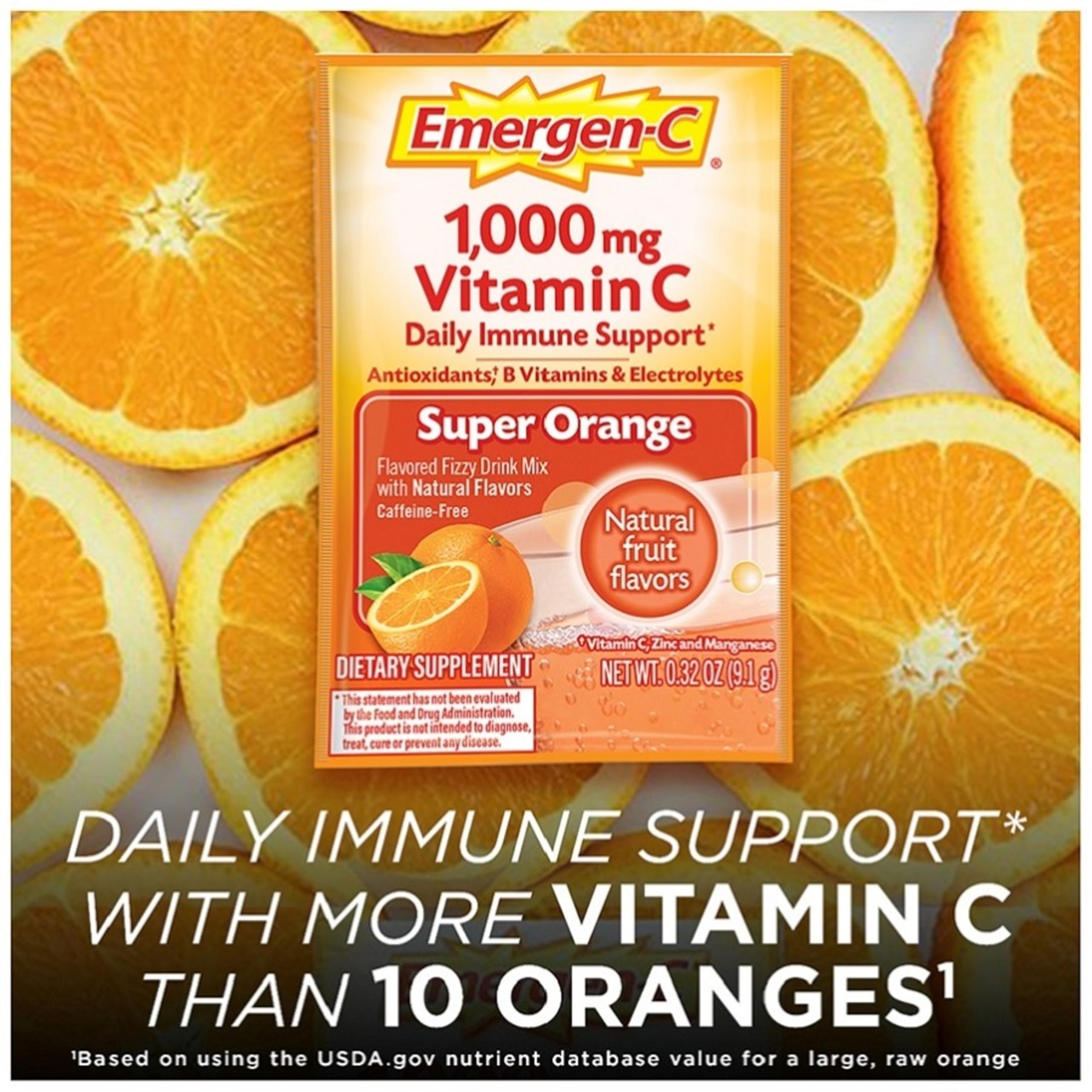 Emergen-C 1000mg Vitamin C Powder for Daily Immune Support Caffeine Free Vitamin C Supplements with Zinc and Manganese, B Vitamins and Electrolytes, Super Orange Flavor - 90 Count/3 Month Supply