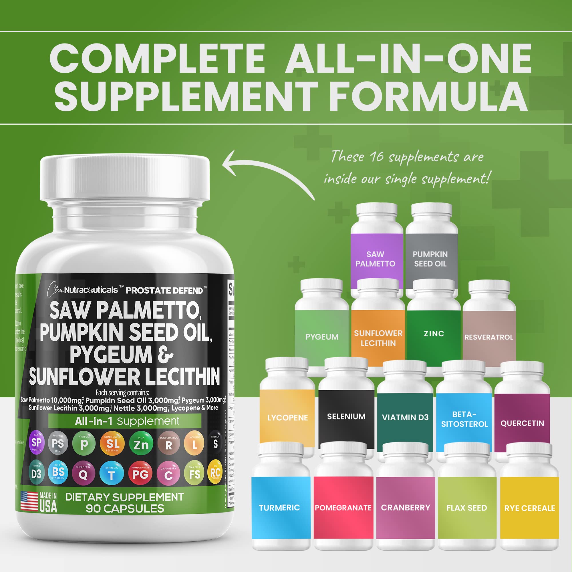 Clean Nutraceuticals Saw Palmetto 10000mg Pumpkin Seed Oil 3000mg Pygeum Sunflower Lecithin Stinging Nettle Cranberry - Prostate Supplements for Men with Lycopene Made in USA 90 Caps