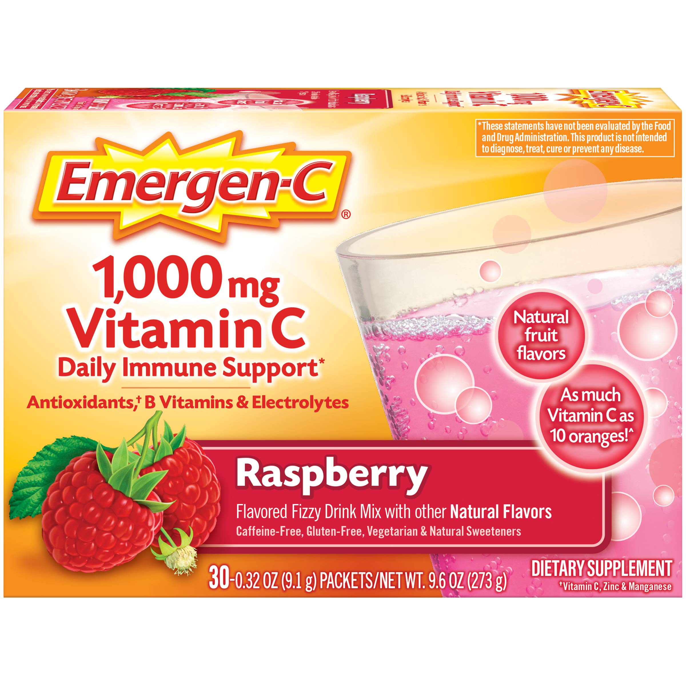 Emergen-C (30 Count, Raspberry Flavor) Dietary Supplement Drink Mix With 1000mg Vitamin C, 0.32 Ounce Packets, Caffeine Free