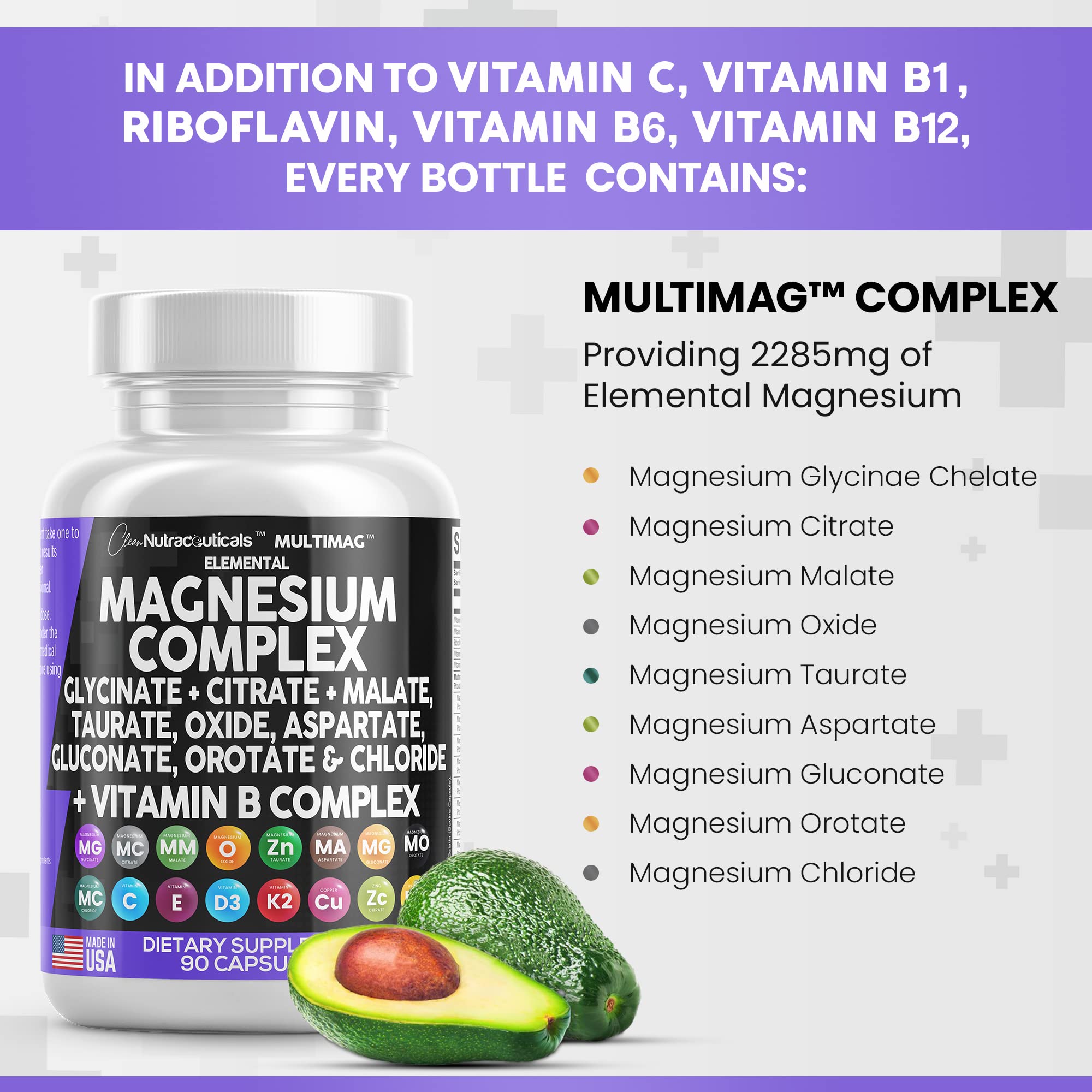 Magnesium Complex 2285mg with Glycinate Citrate Malate Oxide Taurate Aspartate Gluconate Orotate & Mag Chloride, Zinc Copper Manganese Vitamin C B1 B2 B6 B12 - 90 Count