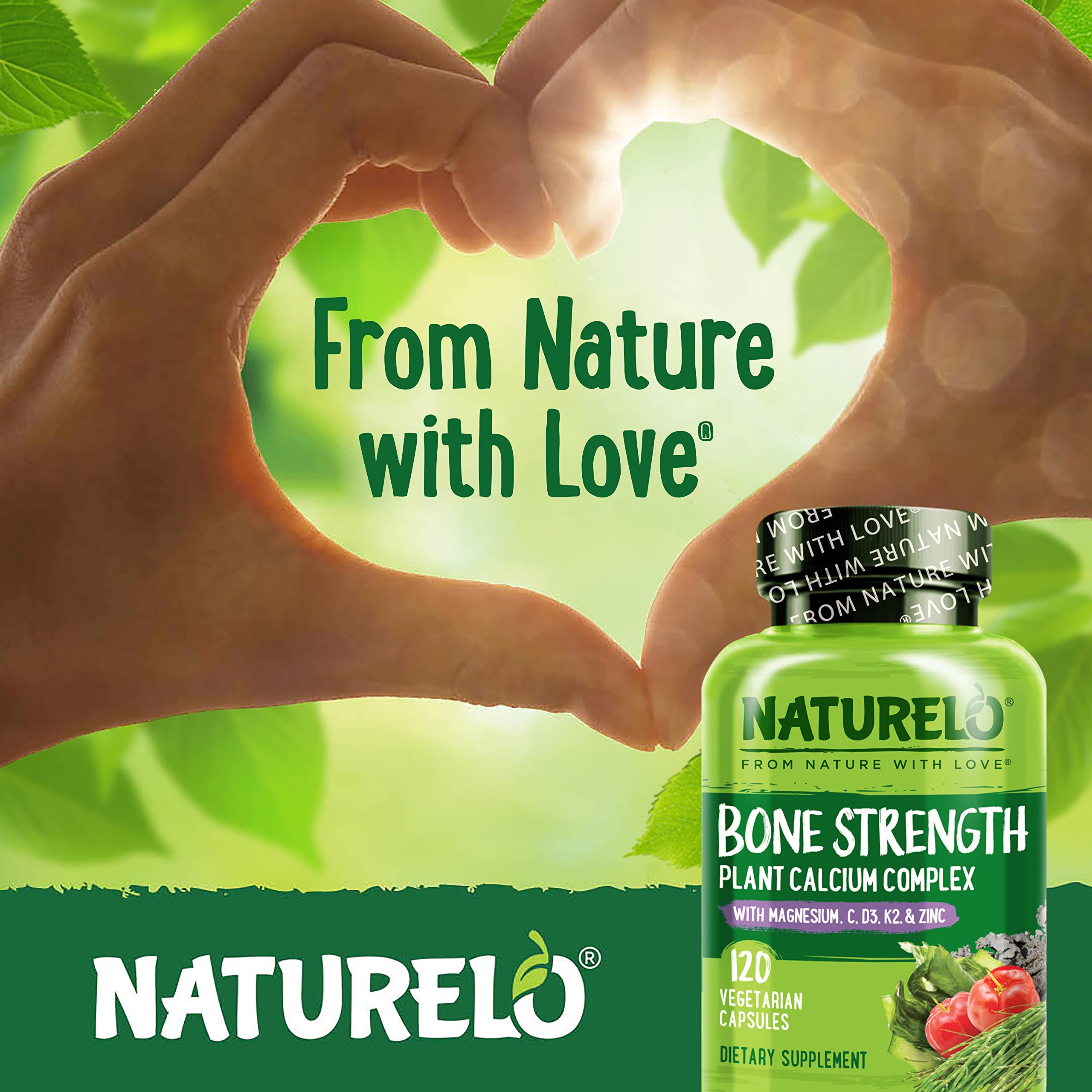 NATURELO Bone Strength - Plant-Based Calcium, Magnesium, Potassium, Vitamin D3, VIT C, K2 - GMO, Soy, Gluten Free Ingredients - Whole Food Supplement for Bone Health - 240 Vegetarian Capsules