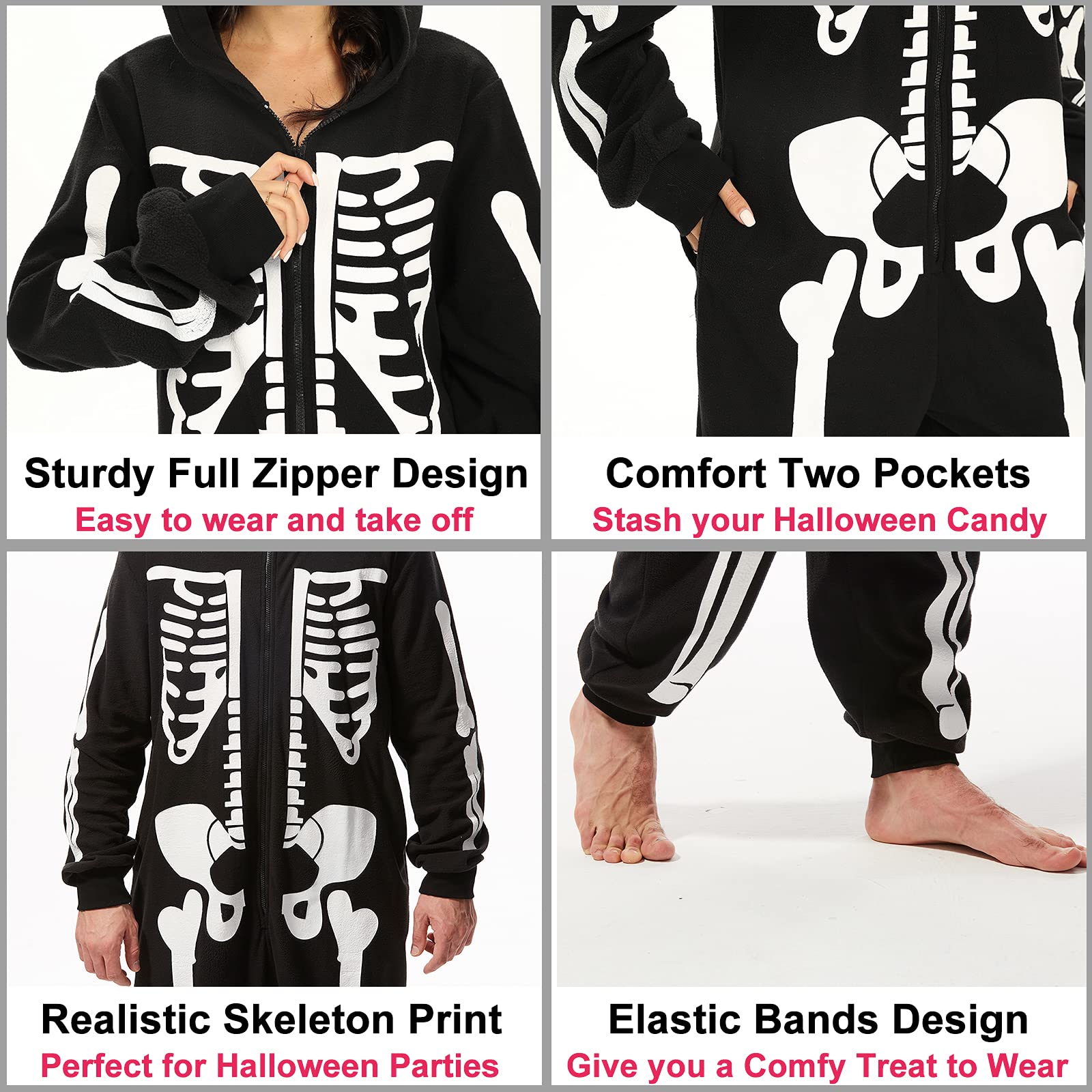 Padama Adult Women's Skeleton Halloween Costume - Unisex Skeleton jumpsuit Plush Pajamas Onesie, Cozy Halloween Adult One Piece Cosplay Skeleton Costumes for Women M