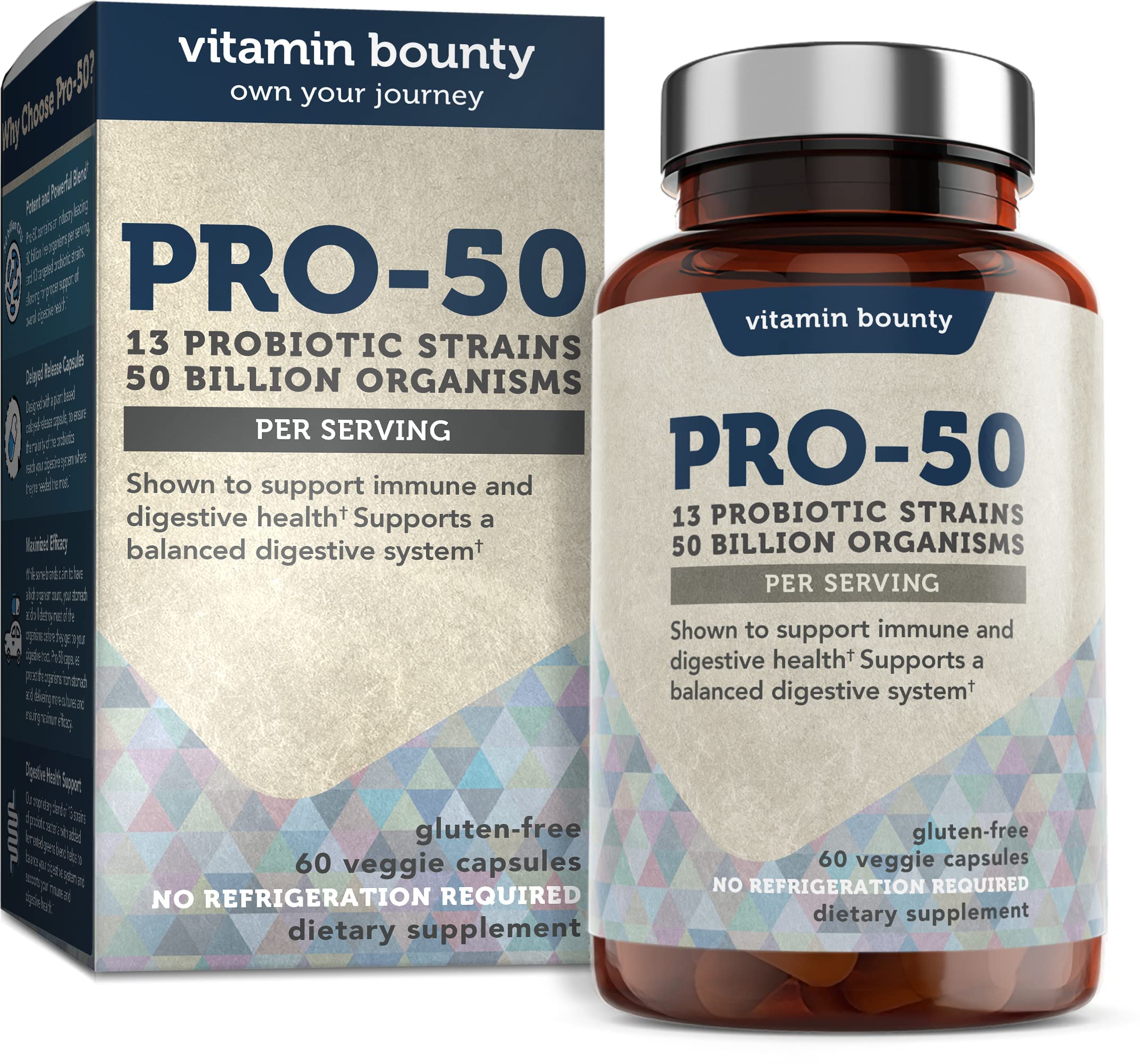 Vitamin Bounty Pro-50 Probiotics - 13 Probiotic Strains, Gut Health, Digestive Health, Probiotic for Women and Men, Delayed Release Capsule with Prebiotic Greens - 60 Capsules