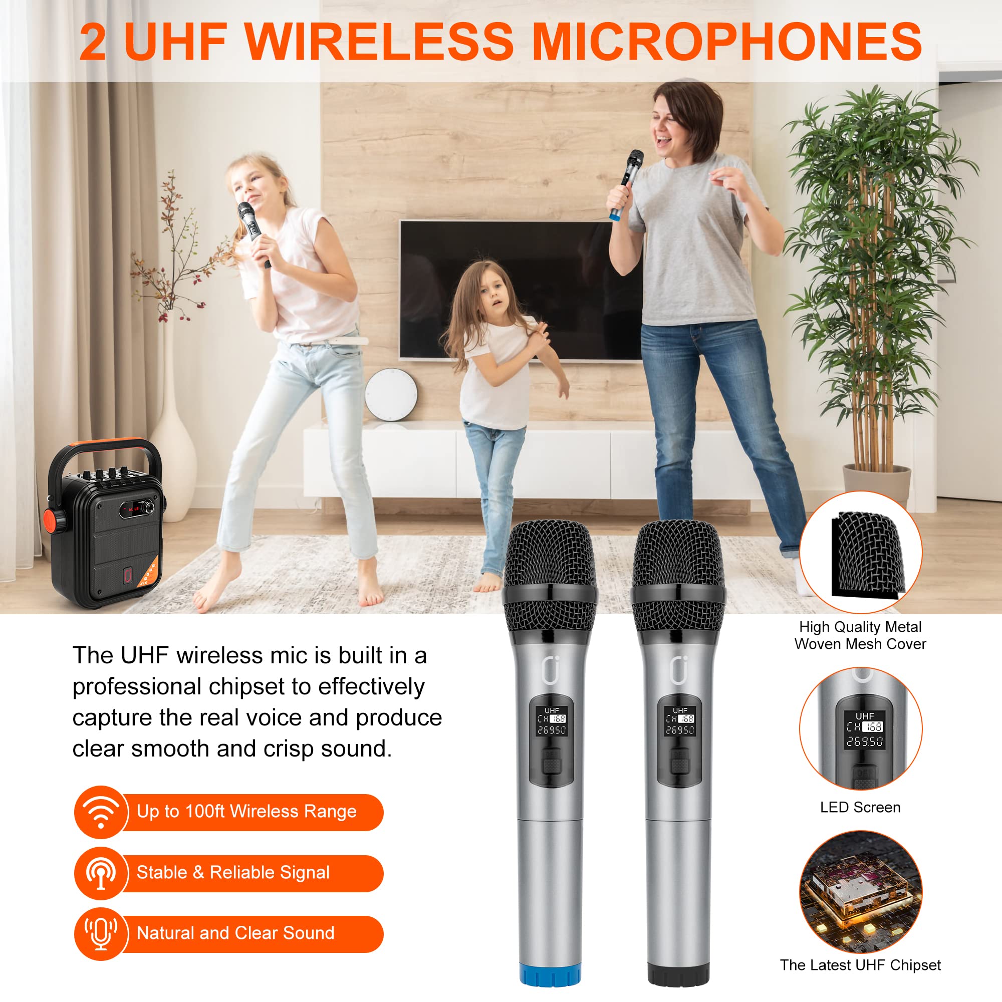 JYX Karaoke Machine for Adults and Kids with 2 UHF Wireless Microphones, TWS, FM Radio, Audio Recording - PA Speaker System Supports Bluetooth/AUX/USB/TF Card for Party, Meeting, Wedding