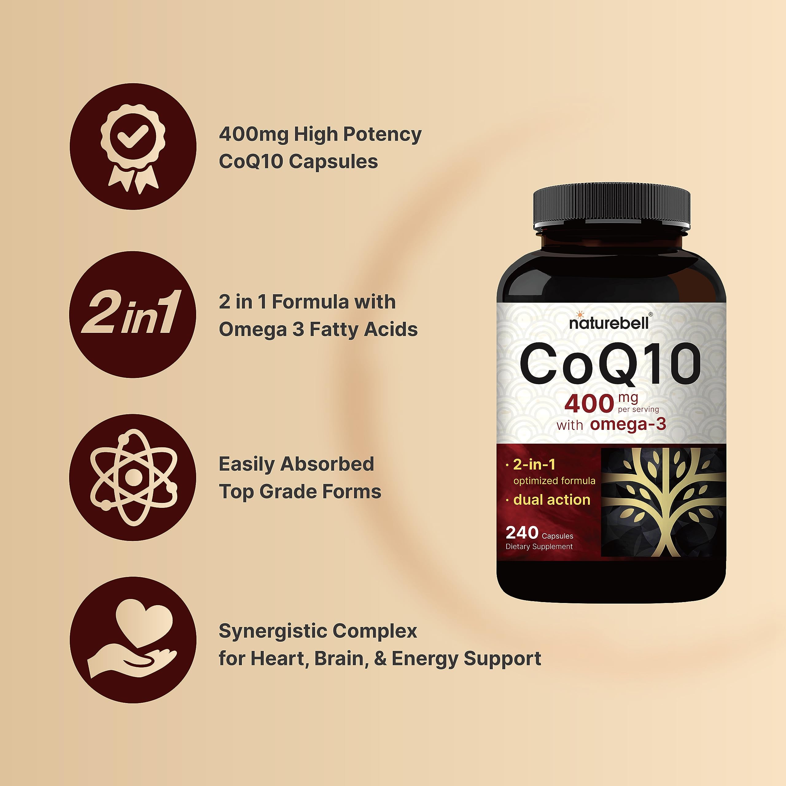 CoQ10 (Ubiquinone) 400mg with Omega 3 Fatty Acids| Stable High Absorption Form – Antioxidant Support for Heart & Energy Health – Extra Strength Coenzyme Q10 Supplement