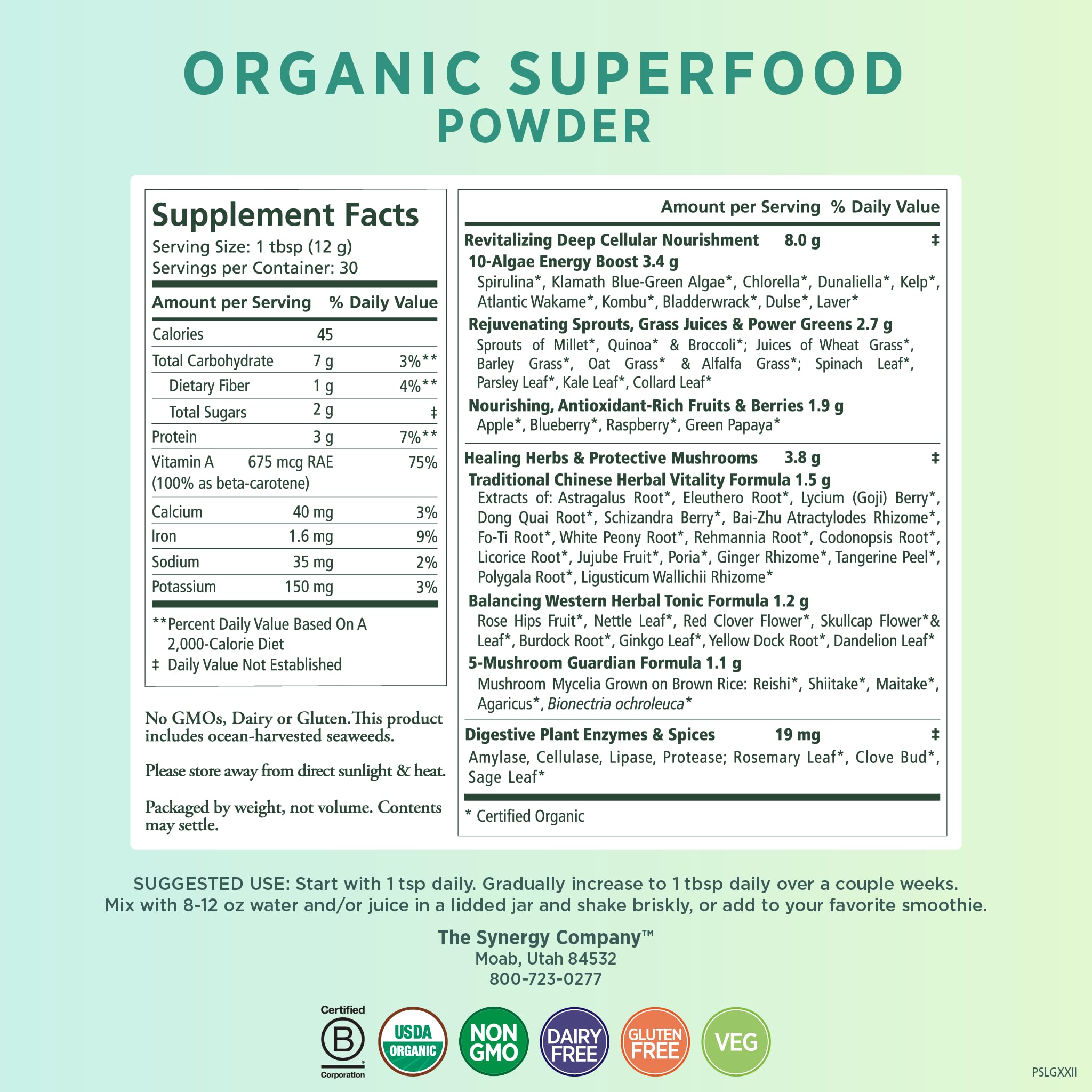 PURE SYNERGY Organic Superfood Powder | Organic Green Superfood Powder | Whole Food Supplement with Organic Greens, Spirulina and Mushrooms | For Energy, Healthy Aging, and Immune Health (12.5 ounces)