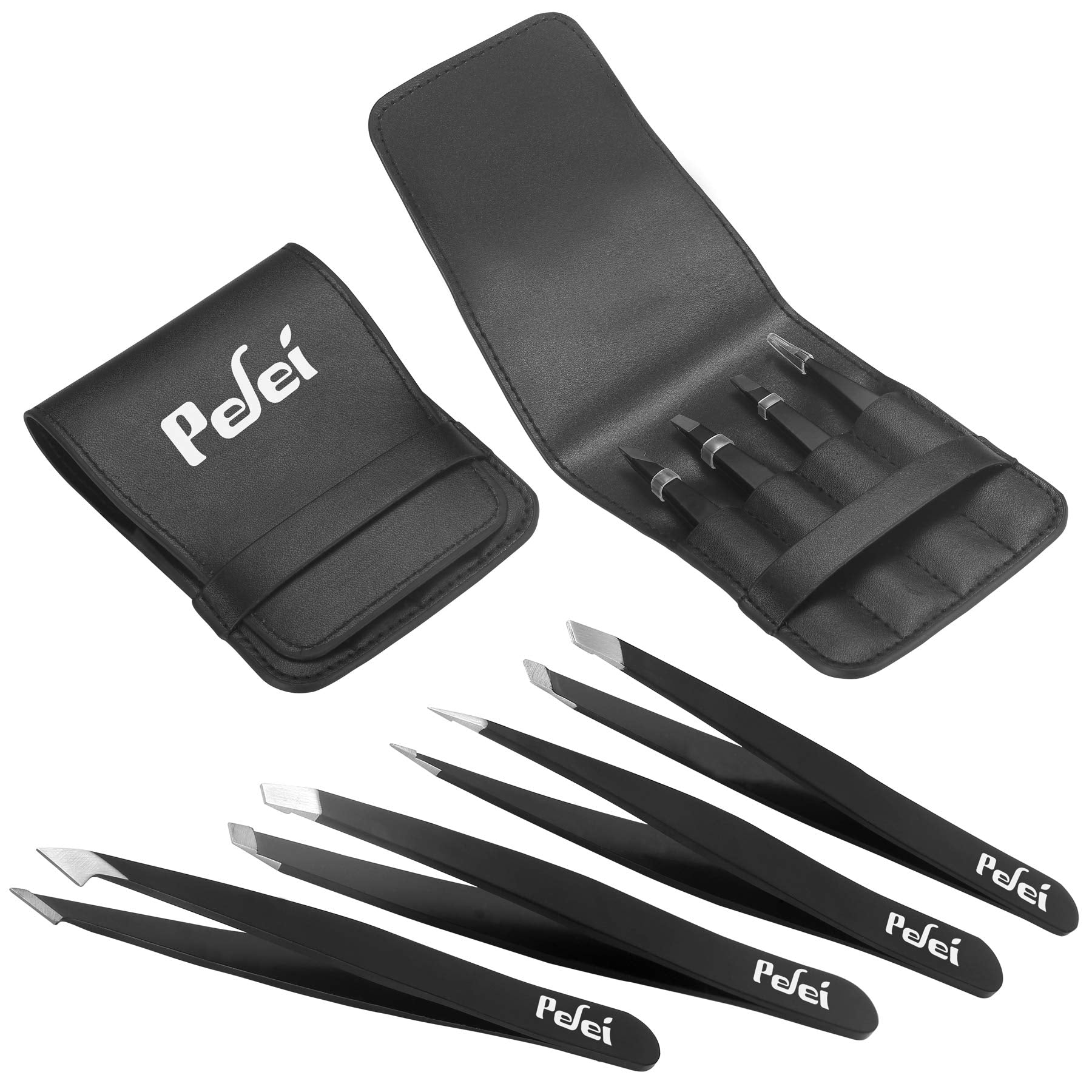 Pefei Tweezers Set - Professional Stainless Steel Tweezers for Eyebrows - Great Precision for Facial Hair, Splinter and Ingrown Hair Removal (Black)