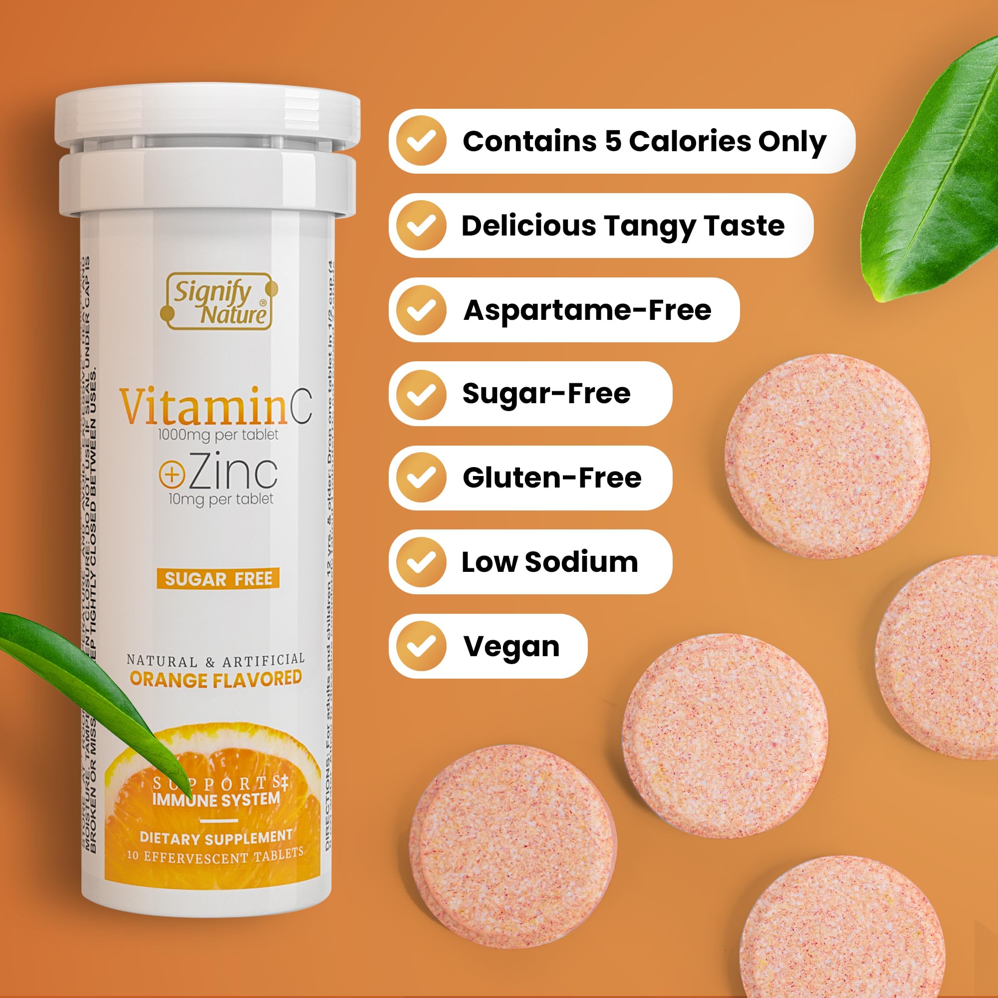 SIGNIFY NATURE Vitamin C 1000mg Effervescent Tablets - Potent Immune Support VIT C with Zinc Supplement - Sugar-Free & Vegan Formula | Dissolvable Vitamin C Tablets - Water Soluble Fizzy Elixir - 80CT