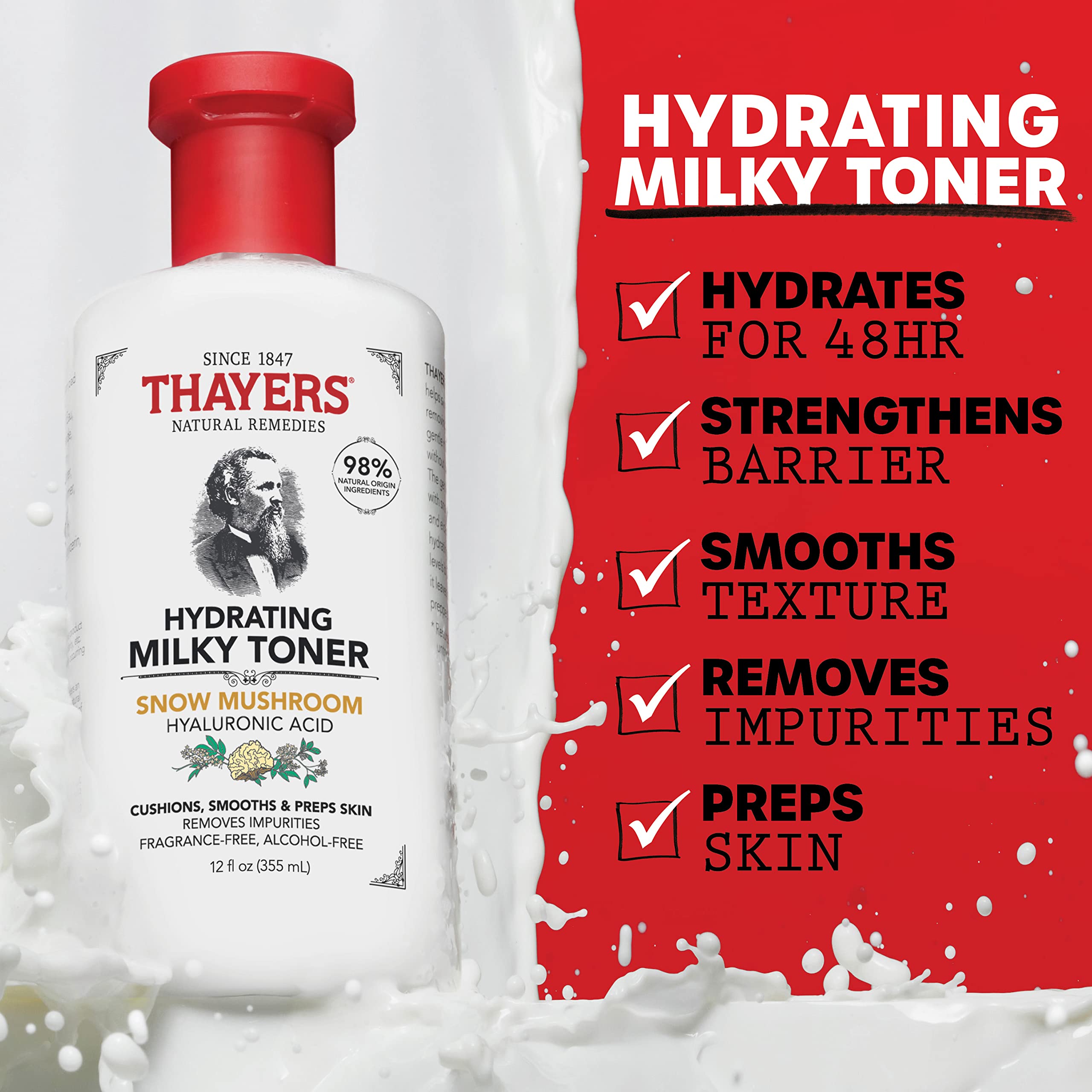 Thayers Milky Face Toner with Snow Mushroom and Hyaluronic Acid, Natural Gentle Facial Toner, Dermatologist Tested, for Dry and Sensitive Skin, 12 Oz