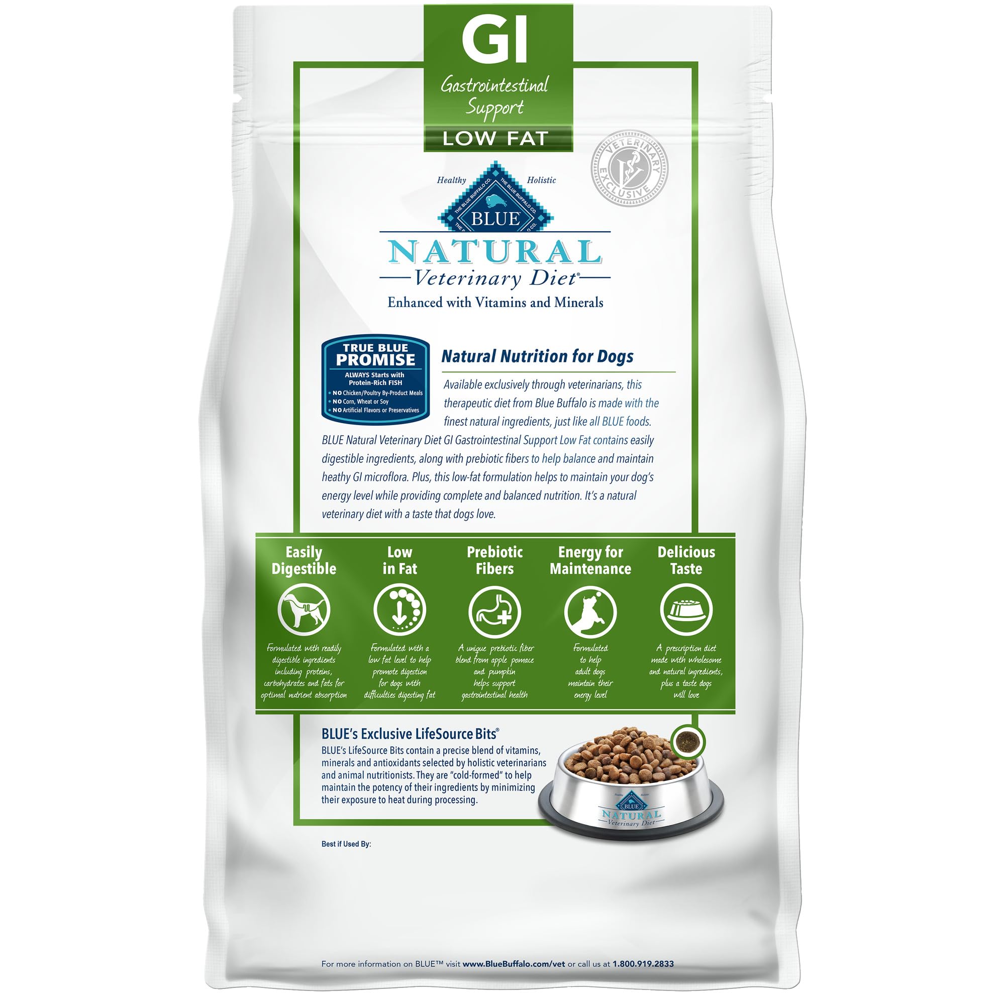 Blue Buffalo Natural Veterinary Diet GI Gastrointestinal Support Low Fat Dry Dog Food, Whitefish 6-lb bag