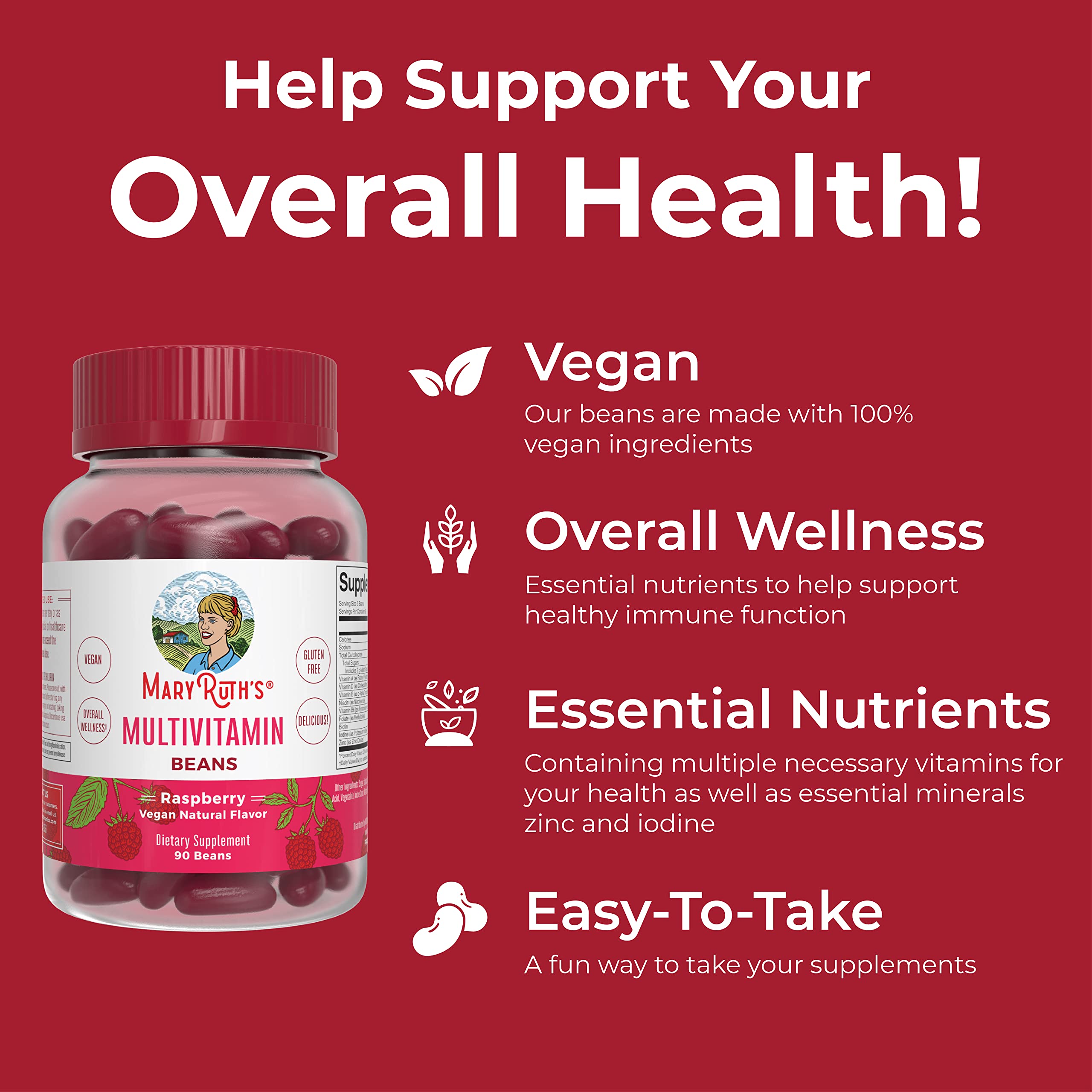 MaryRuth's Multivitamin Multimineral Vita-Beans for Women & Men | Vegan Chewable Vitamins for Ages 14+ | Immune Support, Bone Health | Raspberry Flavor | 90 Count