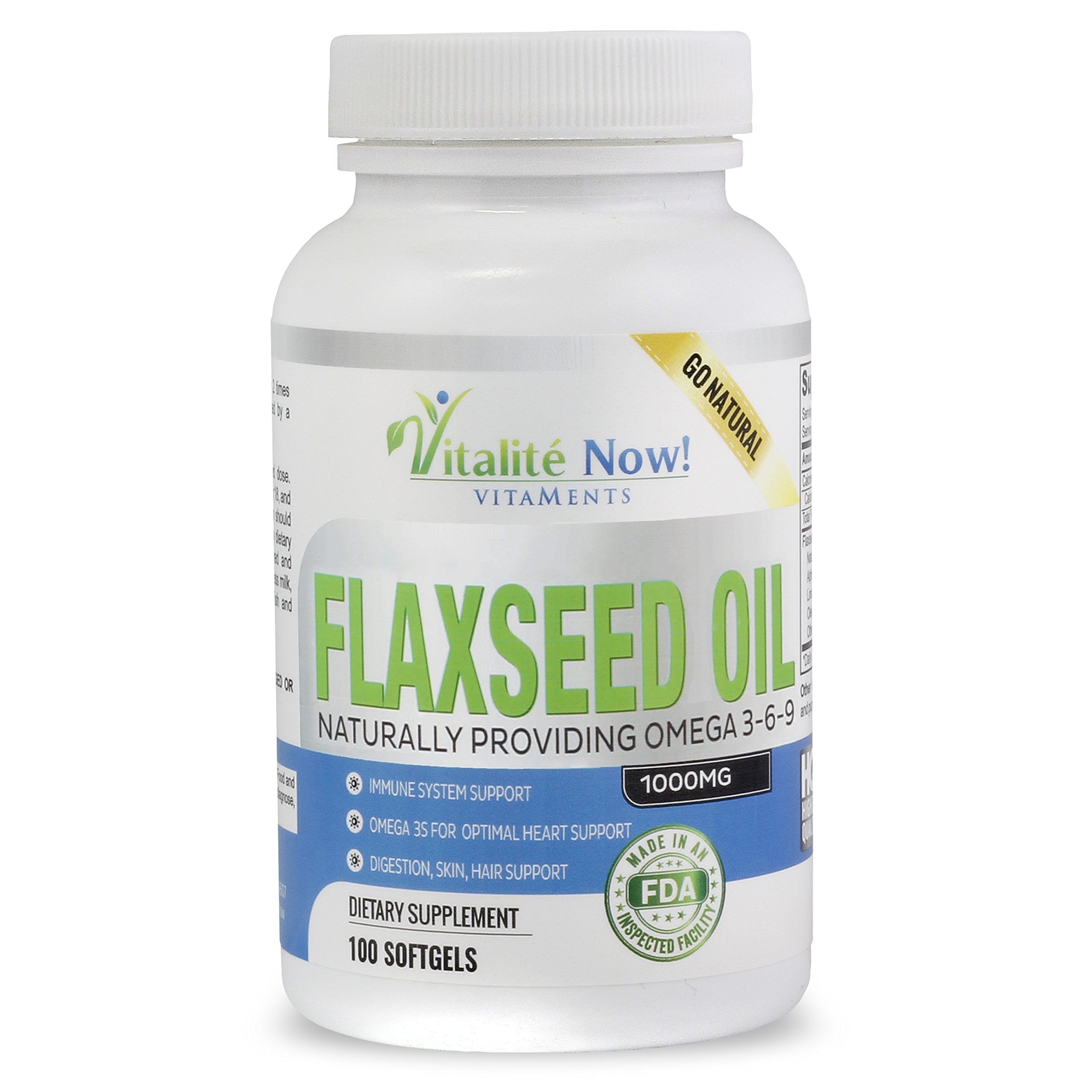 Organic Flaxseed Oil Softgels - 1000mg Premium, Virgin Cold Pressed from Flax Seeds - Hair Skin & Nails Support - Omega 3-6-9 Supplement - 100 Count - More Than 3 Month Supply!