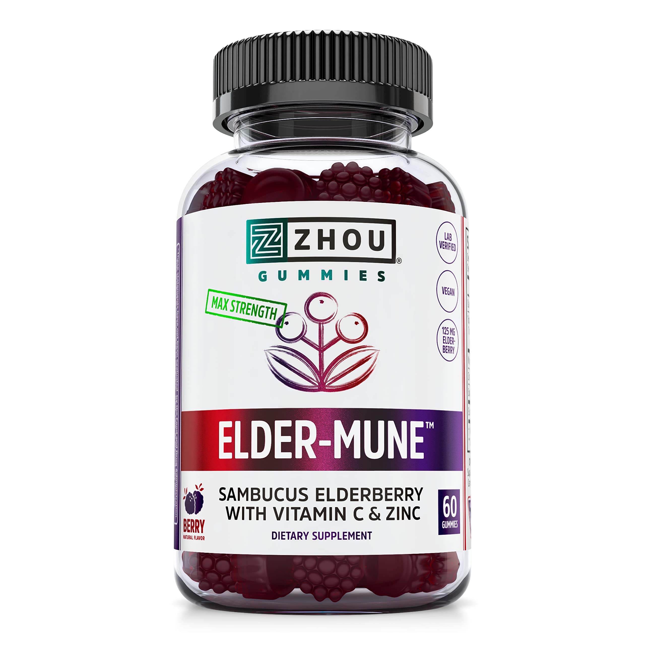 Zhou Nutrition Elder-Mune Sambucus Elderberry Gummies with Zinc and Vitamin C for Kids & Adults (Age 4+) Immune Support with Antioxidants, Vegan, Gluten Free, Non-GMO, 30 Servings, 60 Gummies