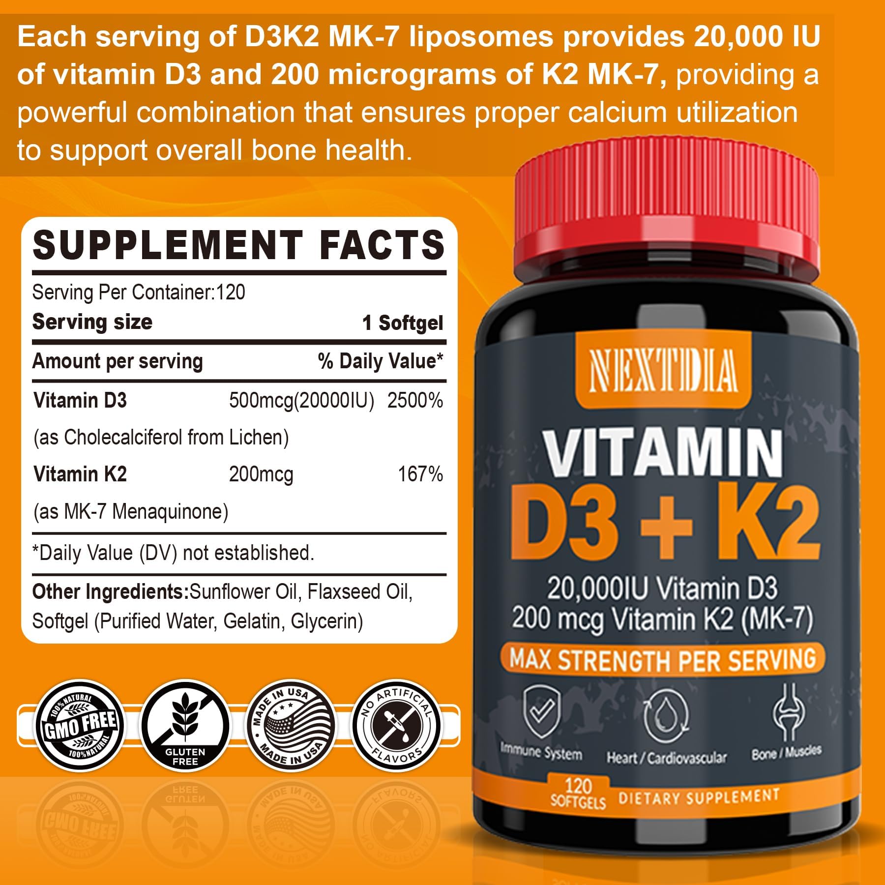 Vitamin D3 20,000 IU + K2( MK7 ) 200mcg - Optimal Level -Support Strong Bone & Muscle, Calcium Absorption, Teeth & Immune Health, Helping Vitamin D Deficiencies, Easy to Swallow, 240 Servings Softgel