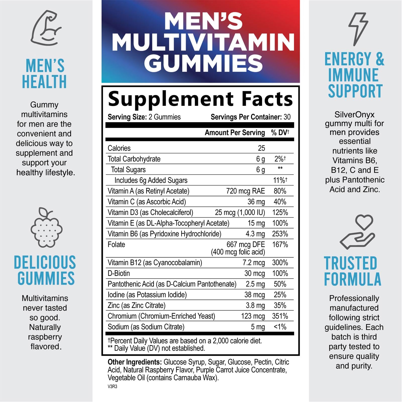 Men's Multivitamin Gummy - Max Strength Mens Multi Vitamins - Daily Men Multivitamins with Vitamin A, C, D, E, B6, B12 & Zinc for Immune Support, Nature's Supplement Brand, Berry Flavored - 60 Gummies