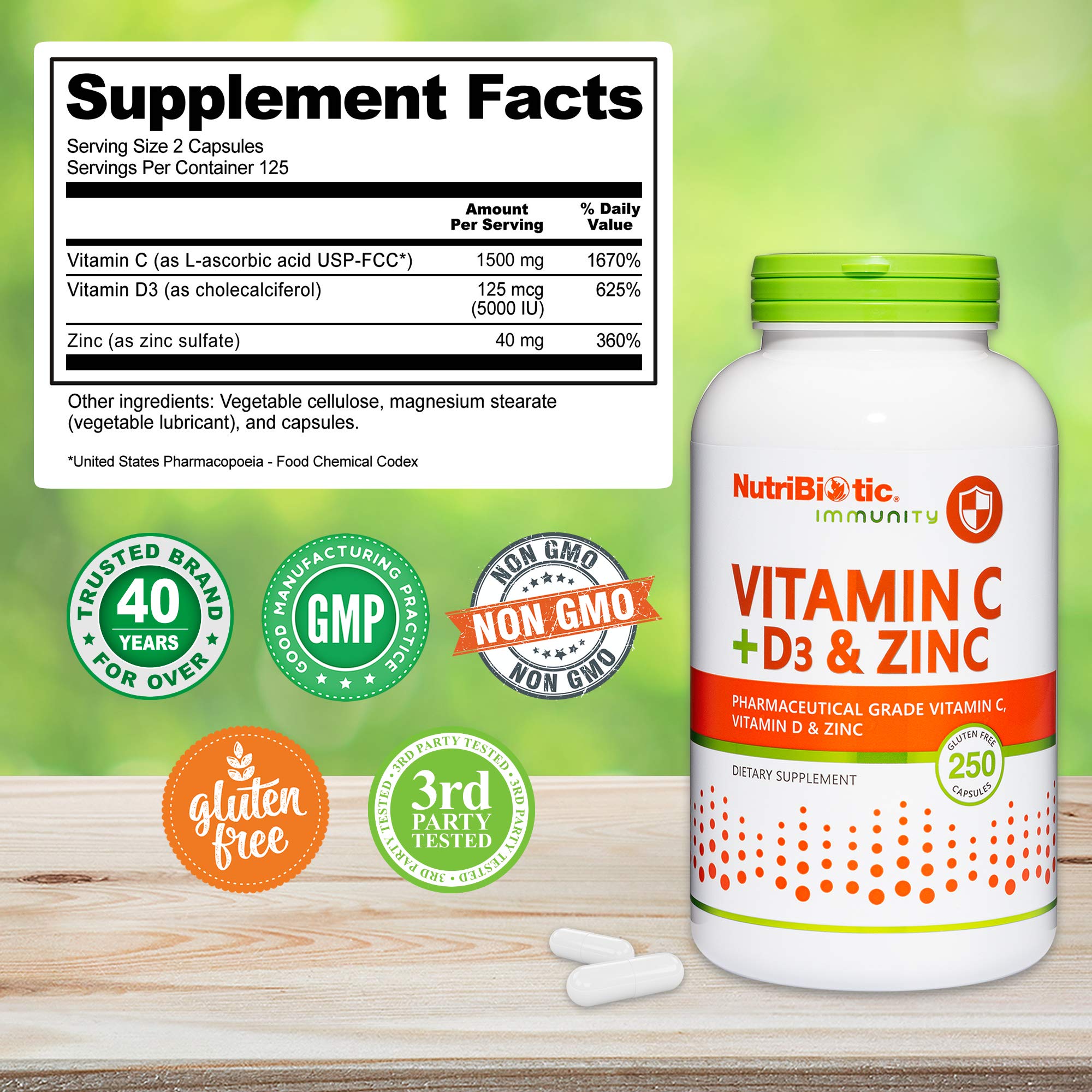 NutriBiotic – Vitamin C + Vitamin D3 & Zinc, 250 Capsules | Potent, Comprehensive Immune Support | Essential & Antioxidant Daily Supplement | Gluten & GMO Free