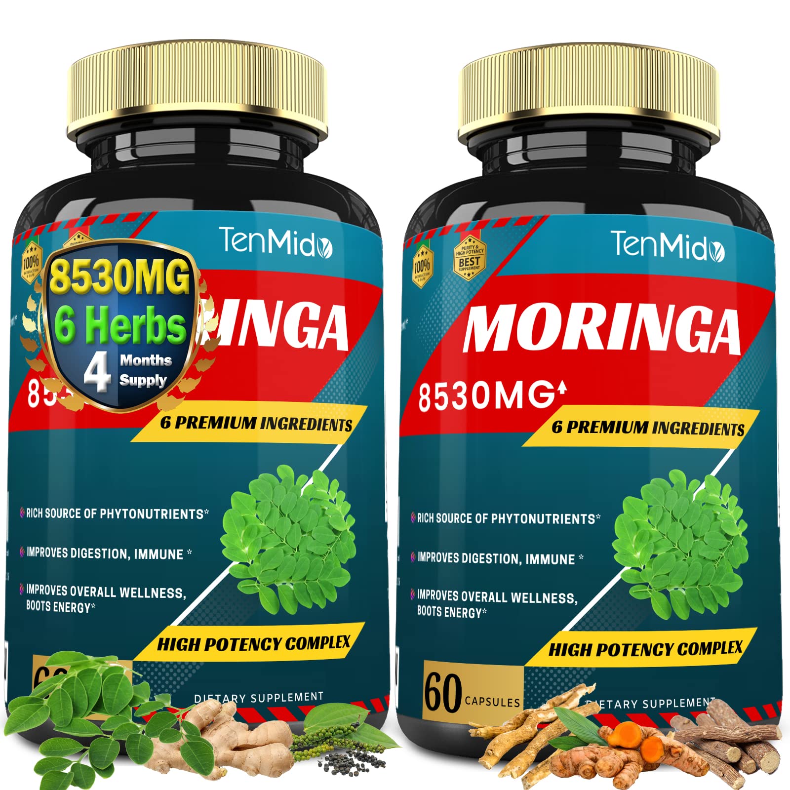 2 Packs Moringa Capsules 8530mg, 4 Months Supply with Turmeric, Ashwagandha, Ginger, Licorice, Black Pepper | Immune Support, Energy Booster | Oleifera Leaf Herb Supplements