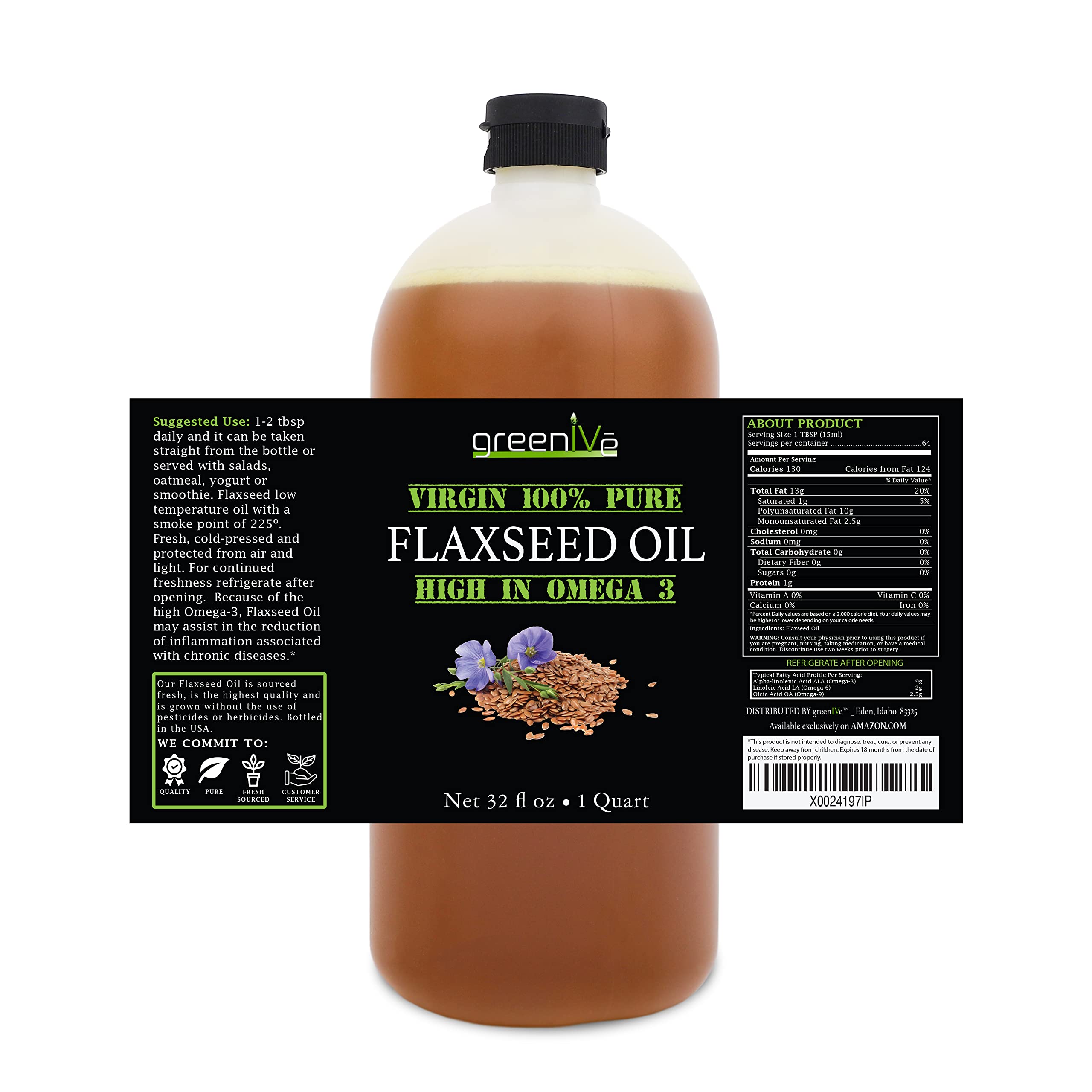 Greenive Flax Seed Oil 100% Pure Cold Pressed High Omegas Exclusively on Amazon (32 Fl Oz)