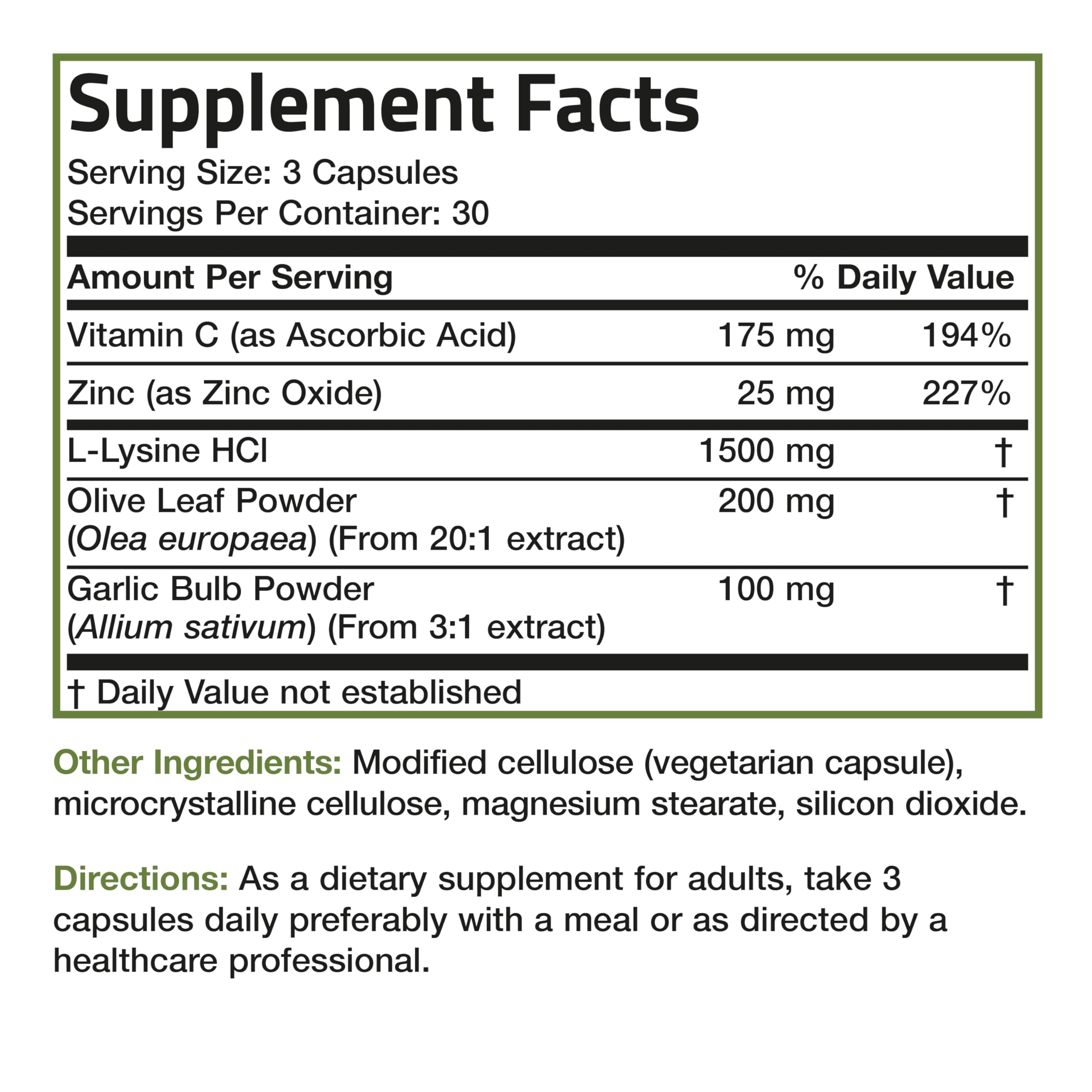 Bronson L-Lysine Defense Immune Support Complex 1500 MG L-Lysine Plus Olive Leaf, Garlic, Vitamin C and Zinc - Non-GMO, 90 Vegetarian Capsules