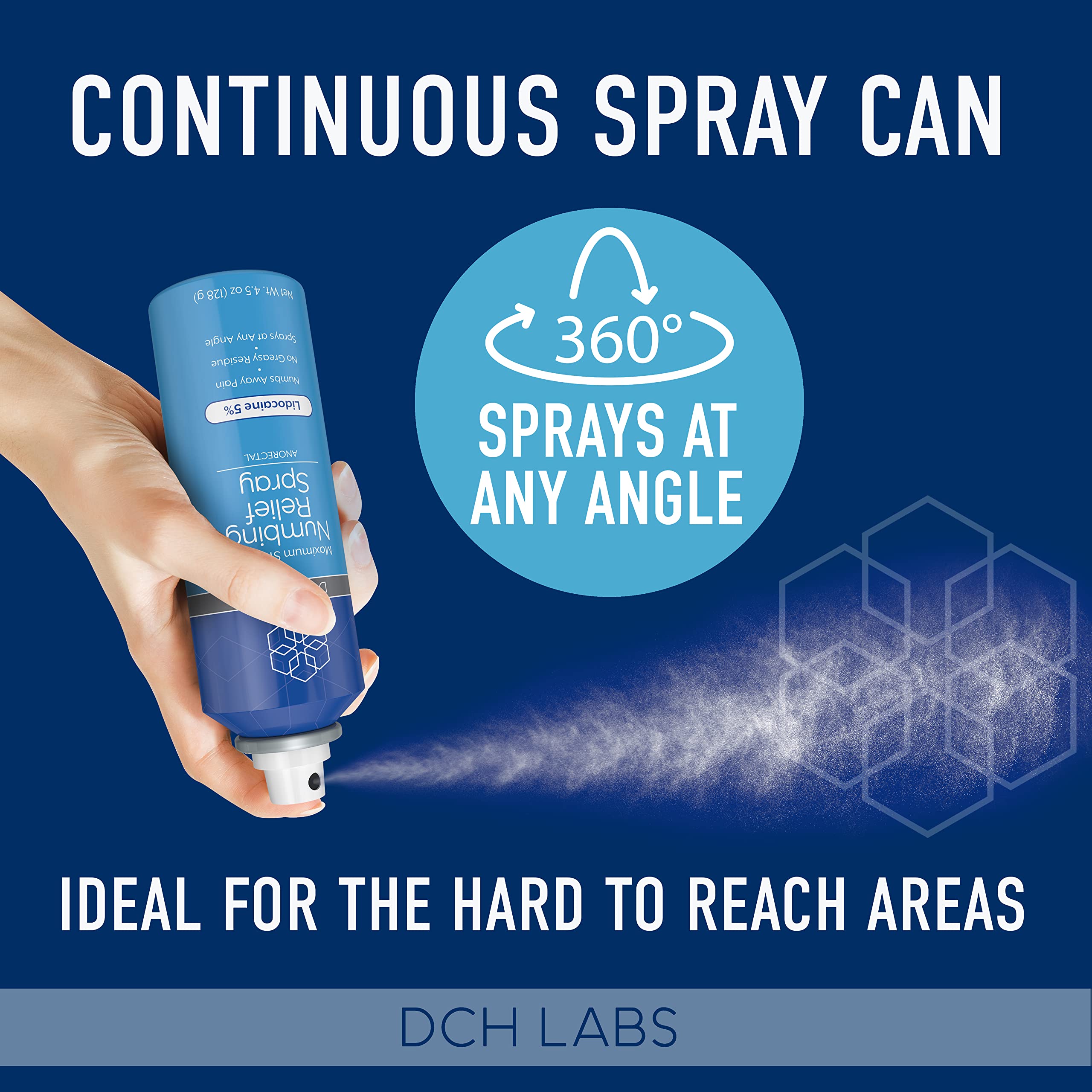 DCH Labs 5% Lidocaine Numbing Spray Maximum Strength Relief, 4.5 oz, Topical Anesthetic That Sprays at Any Angle, Vegan & Cruelty-Free, Secured with Child Resistant Cap