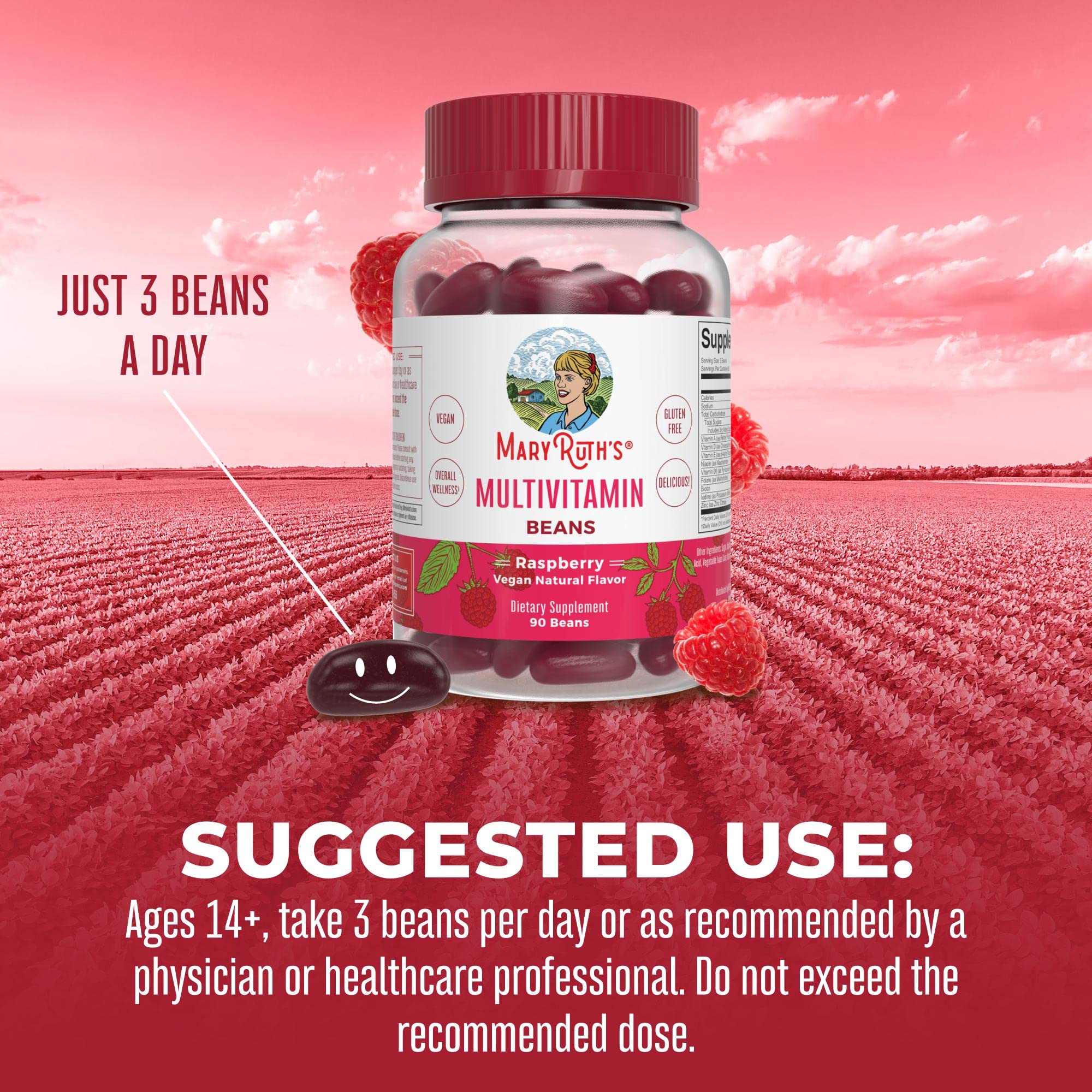 MaryRuth's Multivitamin Multimineral Vita-Beans for Women & Men | Vegan Chewable Vitamins for Ages 14+ | Immune Support, Bone Health | Raspberry Flavor | 90 Count