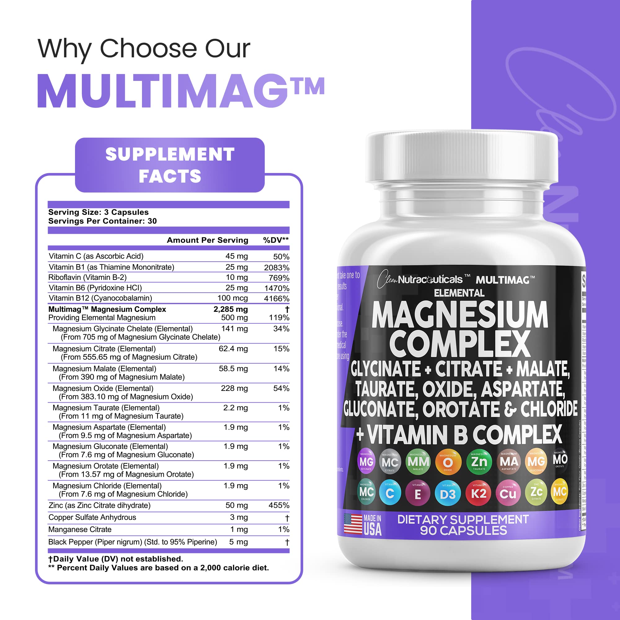 Magnesium Complex 2285mg with Glycinate Citrate Malate Oxide Taurate Aspartate Gluconate Orotate & Mag Chloride, Zinc Copper Manganese Vitamin C B1 B2 B6 B12 - 90 Count