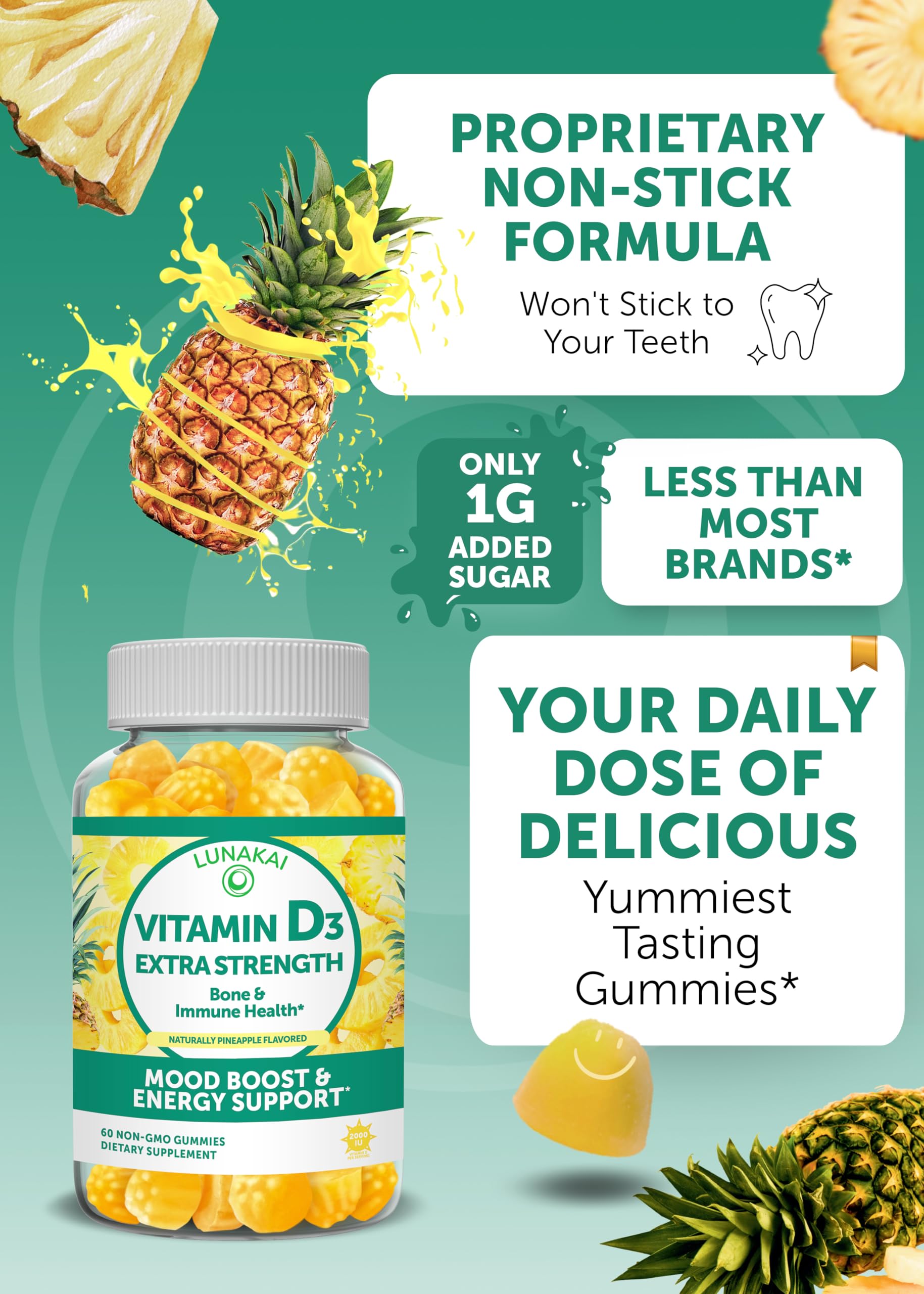 Vitamin D3 Gummies for Adults and Kids - Tastiest Proprietary Formula - Non-GMO, Vitamin D Gummies for Women, Men, Kids - Immunity, Bone and Mood Support Vitamin D3 2000IU Supplement - 60 Count