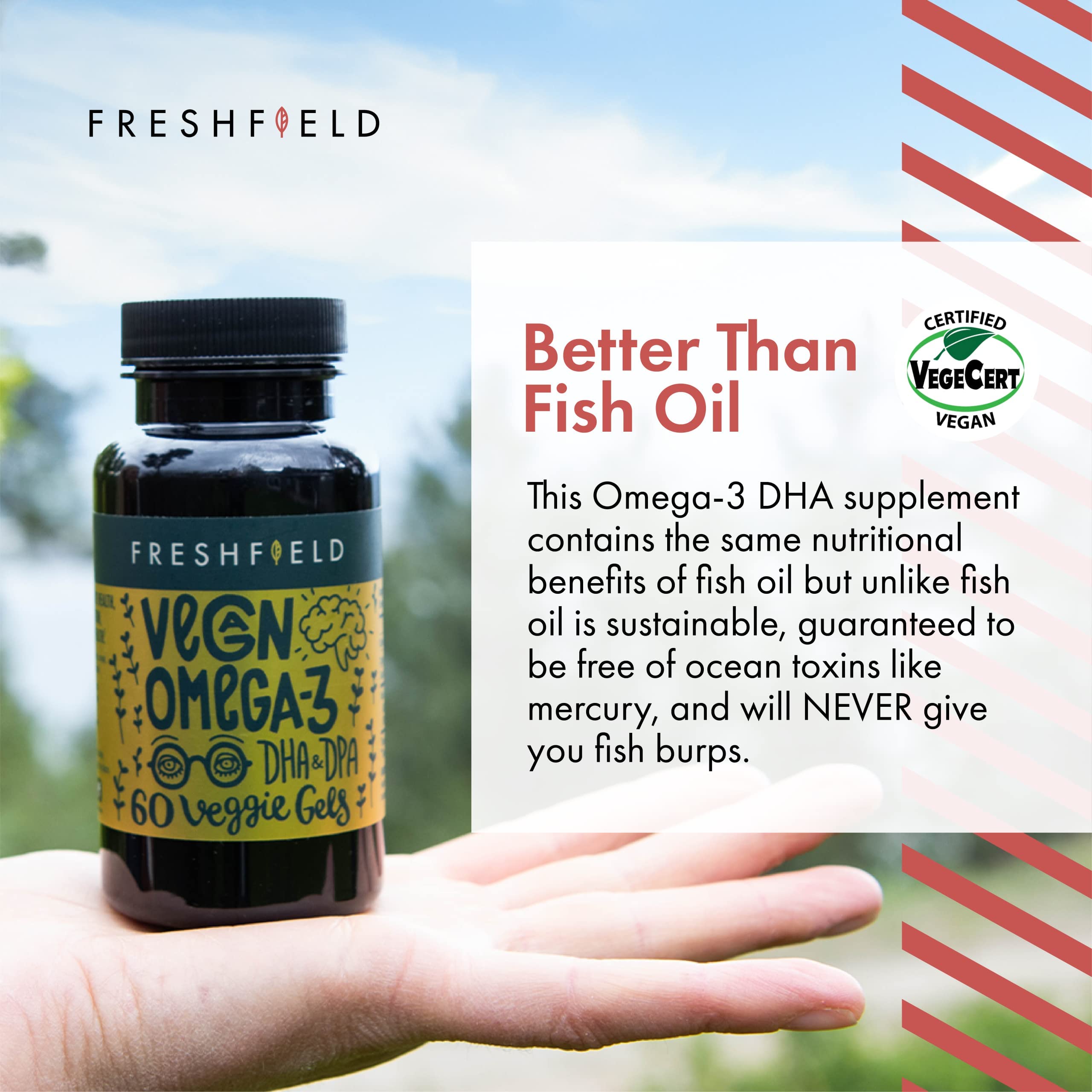 Freshfield Vegan Omega 3 DHA Supplement: Premium Algae Oil, 2 Month Supply, Plant Based, Sustainable, Premium and Mercury Free. Better Than Fish Oil! Supports Heart, Brain, Joint Health - w/DPA