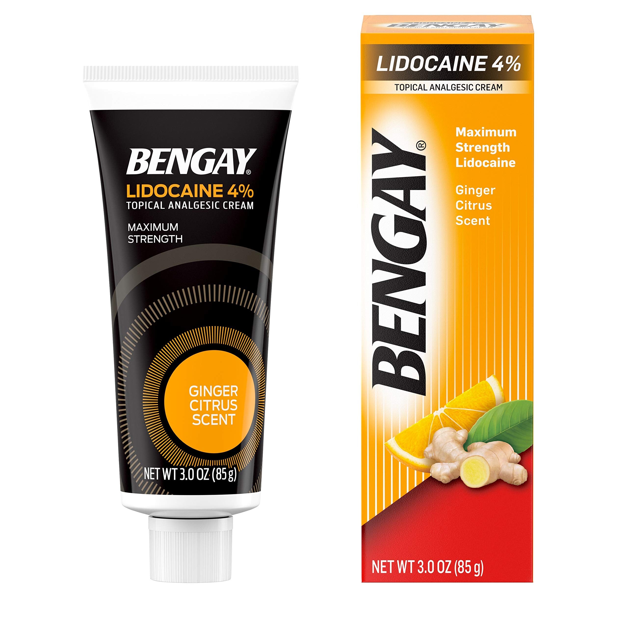 Bengay Pain Relieving Lidocaine Cream, Non-Greasy Topical Analgesic Cream with The Maximum Strength Numbing Relief of 4% Lidocaine HCl, Pleasant and Soothing Ginger Citrus Scent, 3 oz