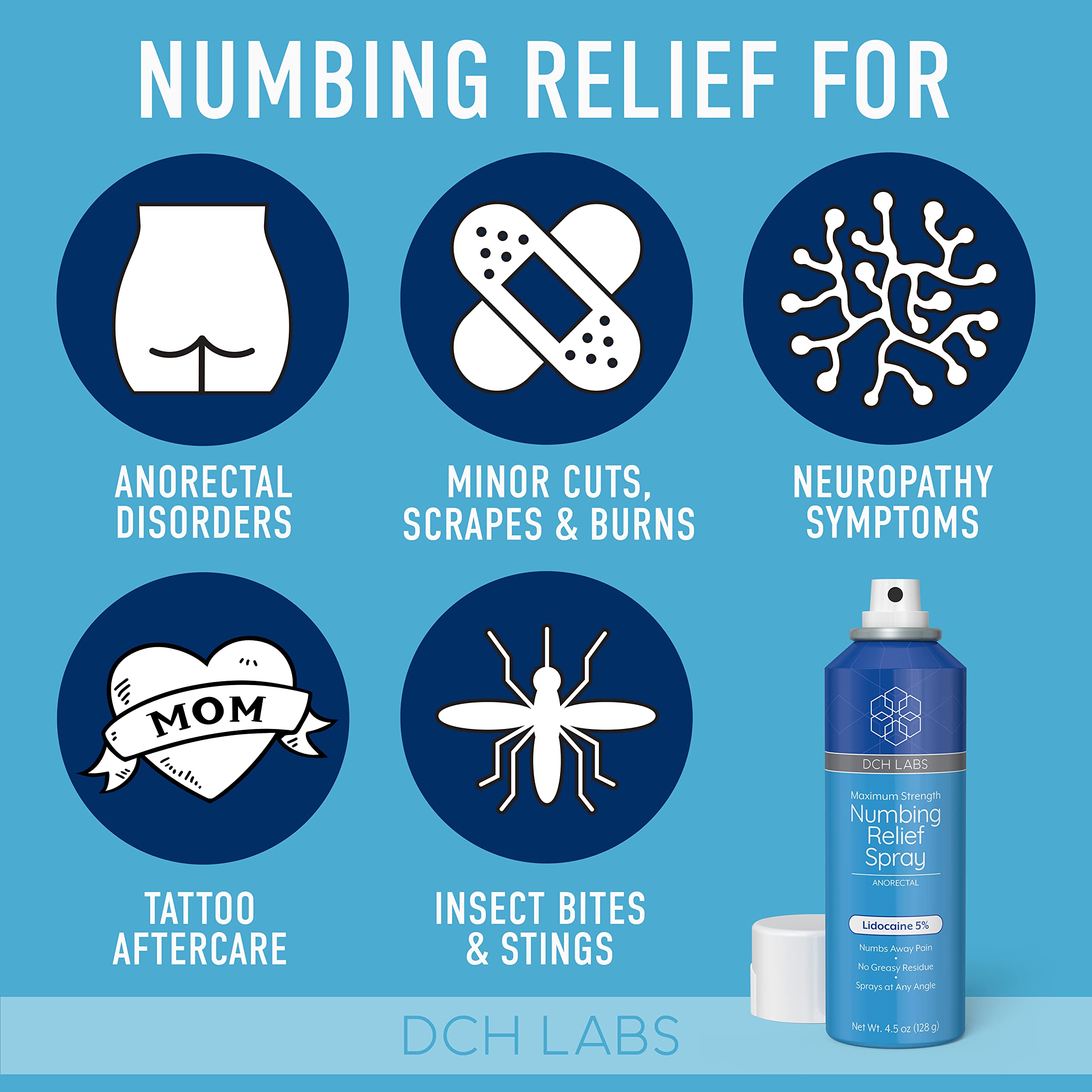 DCH Labs 5% Lidocaine Numbing Spray Maximum Strength Relief, 4.5 oz, Topical Anesthetic That Sprays at Any Angle, Vegan & Cruelty-Free, Secured with Child Resistant Cap