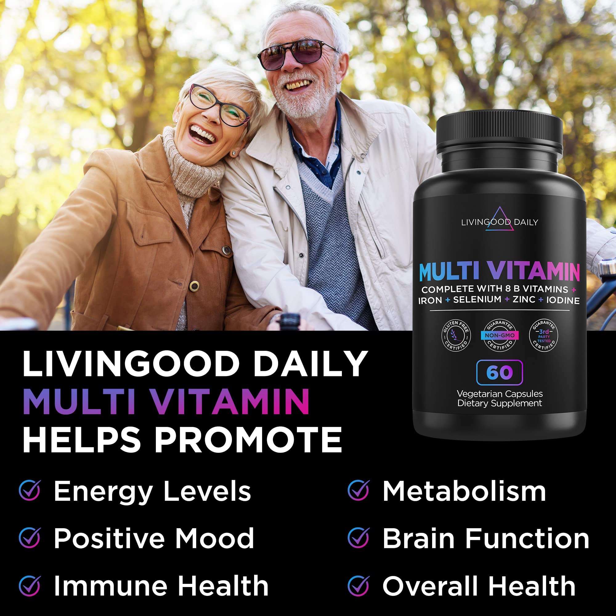 Livingood Daily Multi Vitamin - Complete Multivitamin for Women & Men - Multimineral with Iron, B Complex, Selenium, Zinc, Iodine - 2/Day Multivitamins Supplements for Adults, 60 Capsules