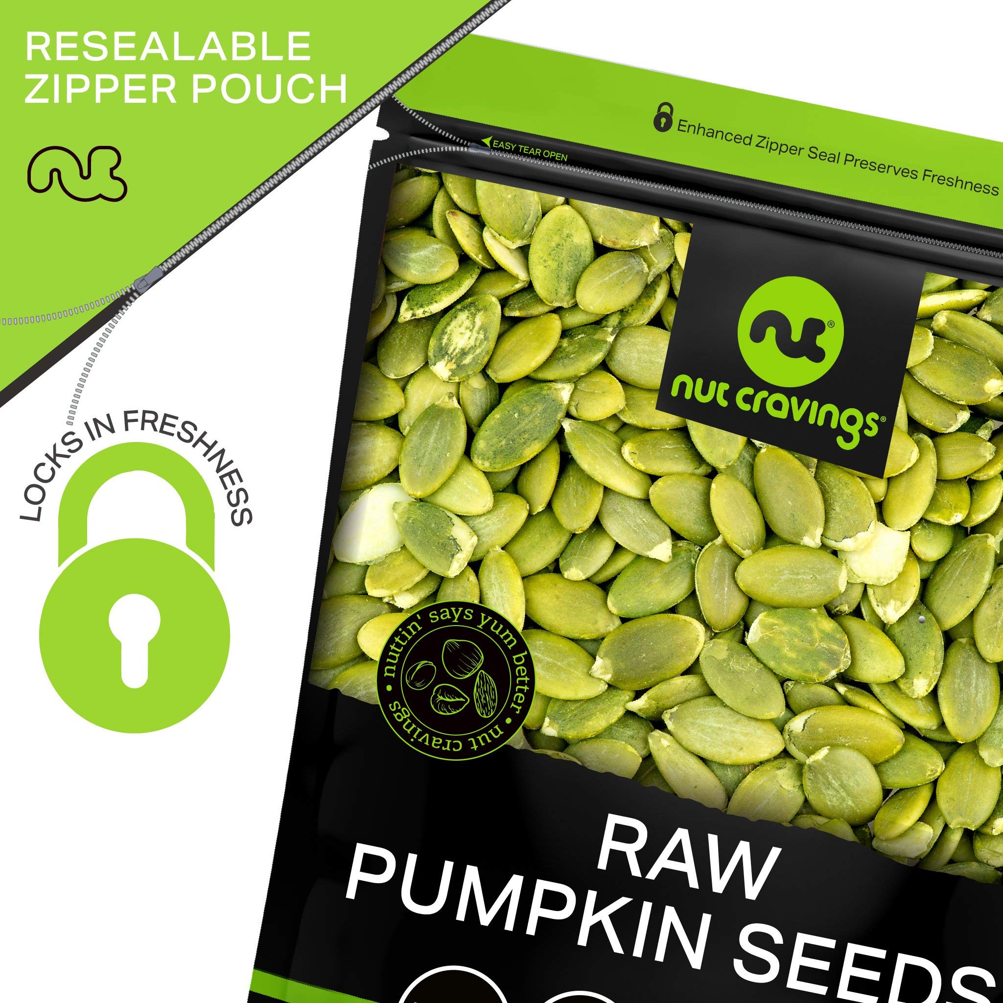 Nut Cravings - Raw Pumpkin Seeds Pepitas, Unsalted, Shelled, Superior to Organic (80oz - 5 LB) Bulk Nuts Packed Fresh in Resealable Bag - Healthy Protein Snack, All Natural, Keto, Vegan, Kosher