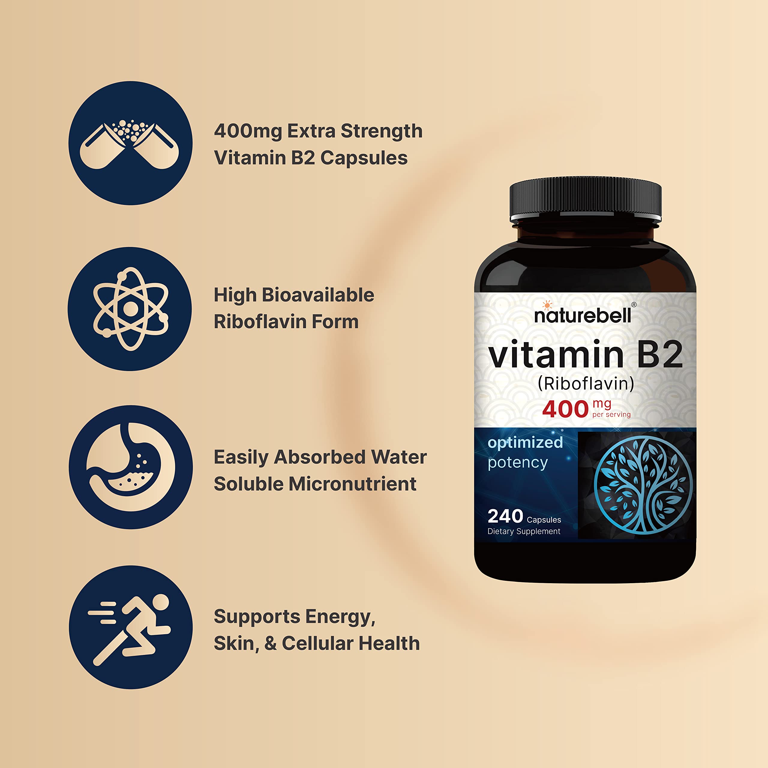 NatureBell Vitamin B2 Riboflavin 400mg Per Serving, 240 Capsules | Essential Daily B Vitamin, Easily Absorbed Form – Supports Energy, Skin, and Cellular Health – Non-GMO, Gluten Free