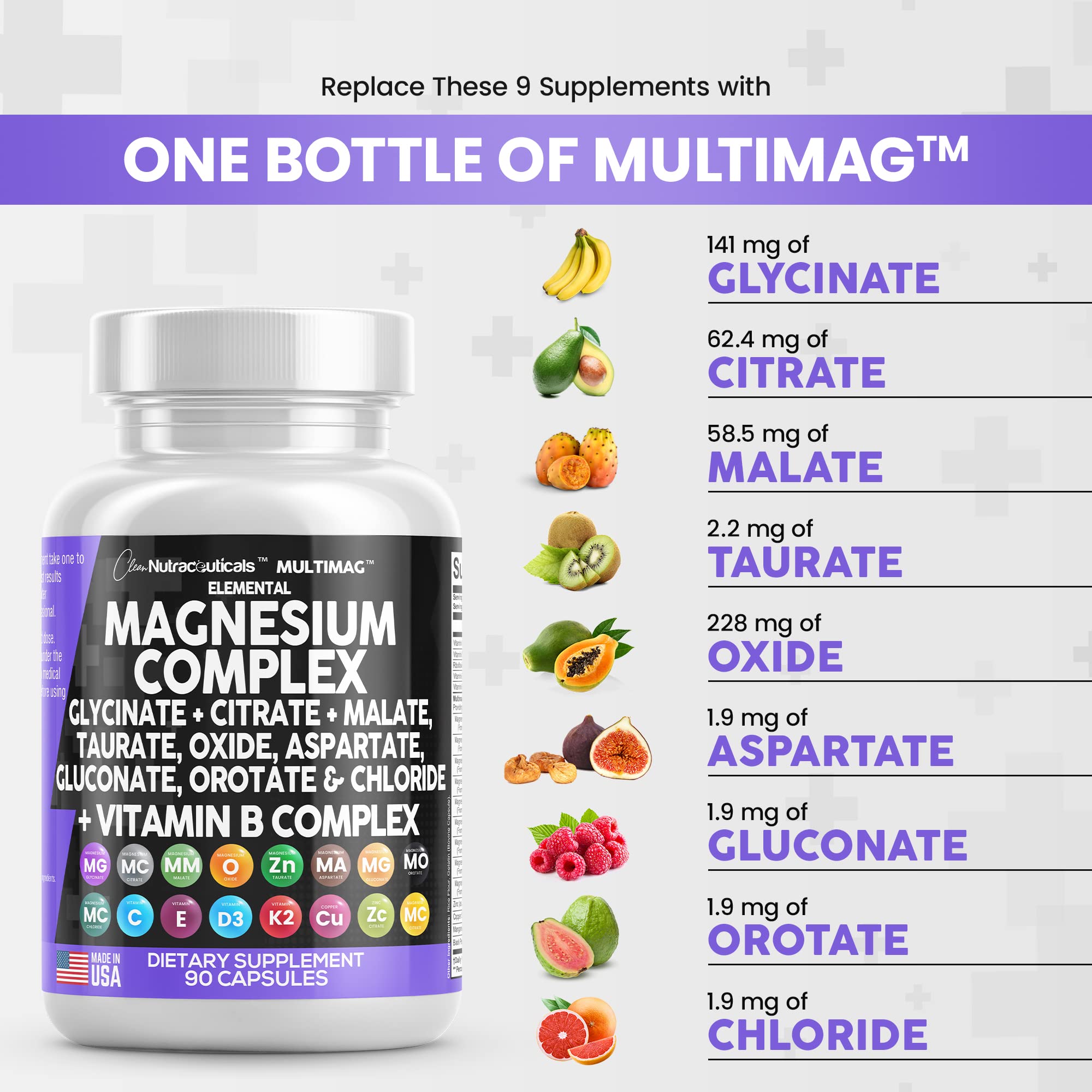 Magnesium Complex 2285mg with Glycinate Citrate Malate Oxide Taurate Aspartate Gluconate Orotate & Mag Chloride, Zinc Copper Manganese Vitamin C B1 B2 B6 B12 - 90 Count