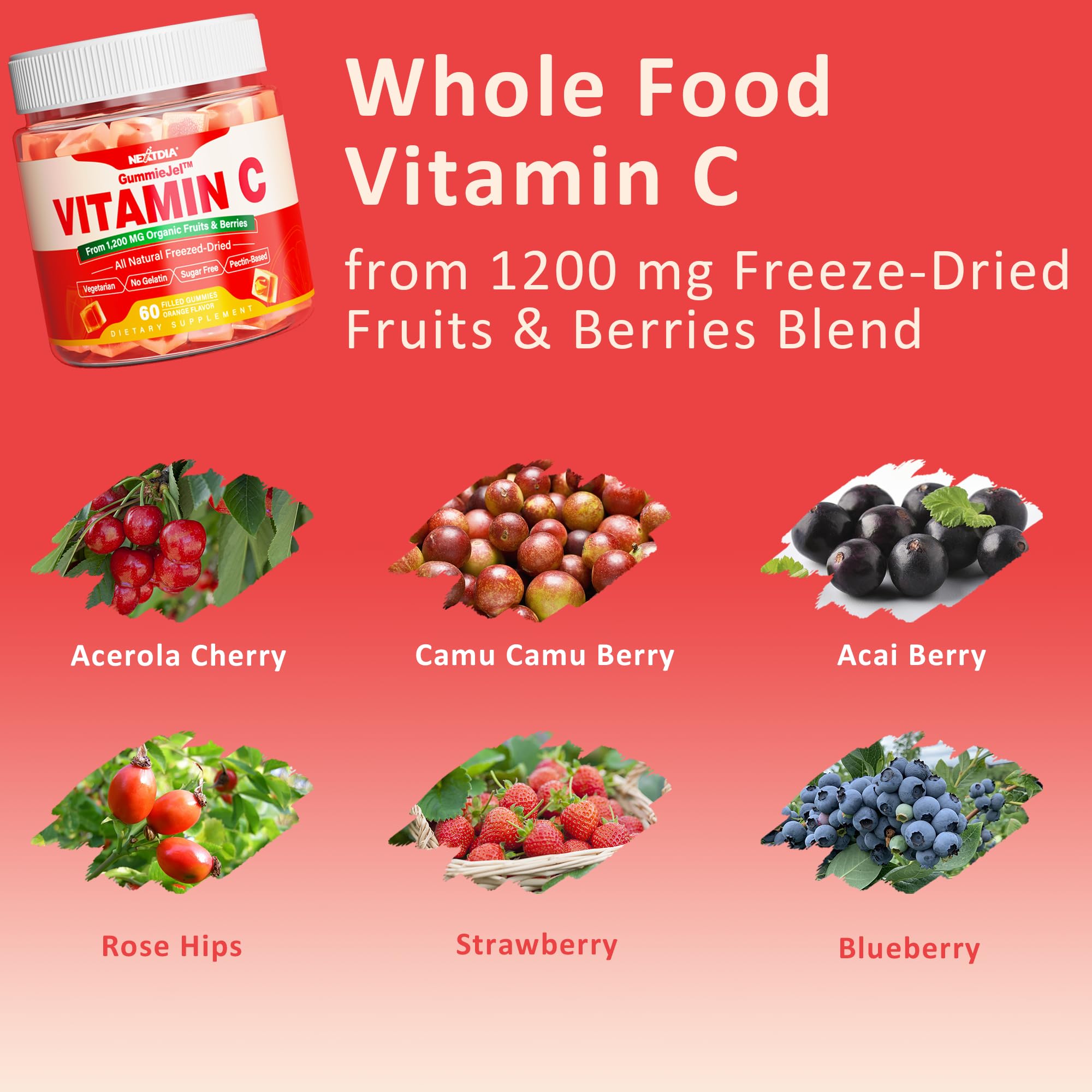 Whole Food Vitamin C Gummies for Adults & Kids, from 1200mg Freeze-Dried Fruits & Berries Blend, Raw Vitamin C Supplement, Antioxidants, Bioflavonoids & Polyphenols, Sugar Free, Orange Flavor, 60 Cts