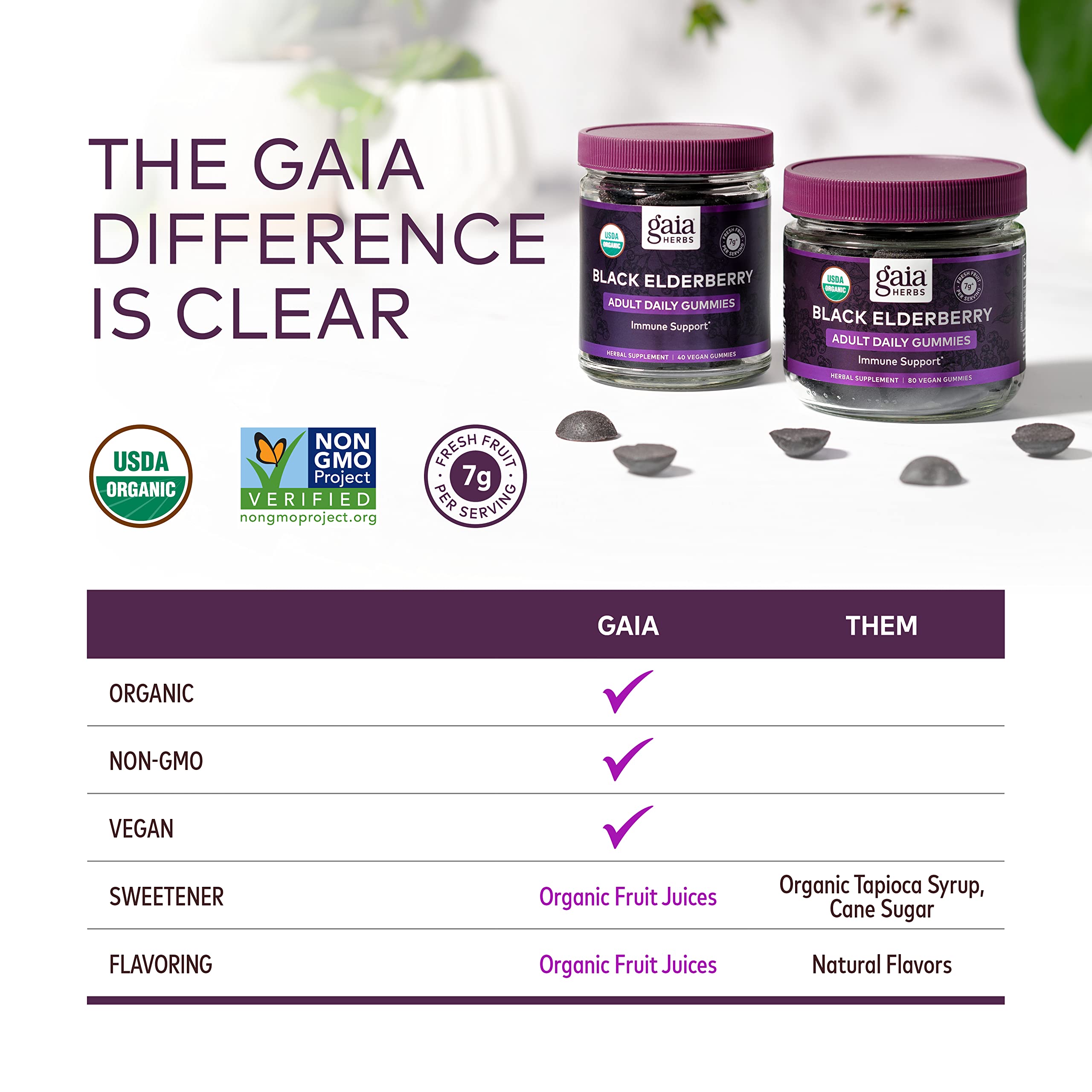 Gaia Herbs Black Elderberry Adult Daily Gummies - Immune Support Gummies with Black Elderberries - Elderberry Supplement to Aid Immune Health - Real Fruit Supplement - 80 Vegan Gummies