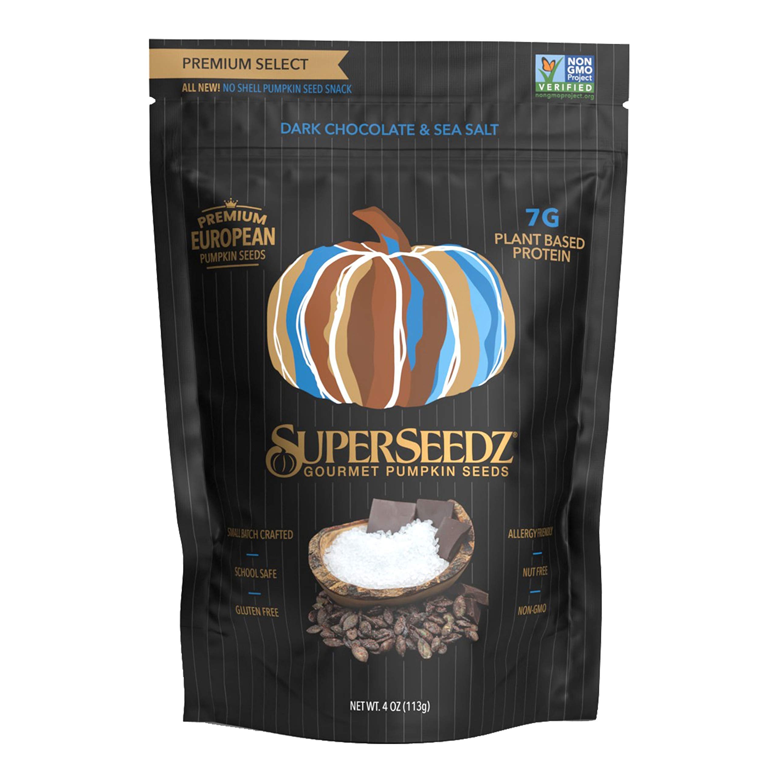 DARK CHOCOLATE & SEA SALT PUMPKIN SEEDS | PREMIUM SELECT LINE BY SUPERSEEDZ | WHOLE 30 | VEGAN | KETO | 7G PLANT BASED PROTEIN | PRODUCED IN USA | NUT FREE | GLUTEN FREE SNACK | (6-PACK, 4OZ EACH)