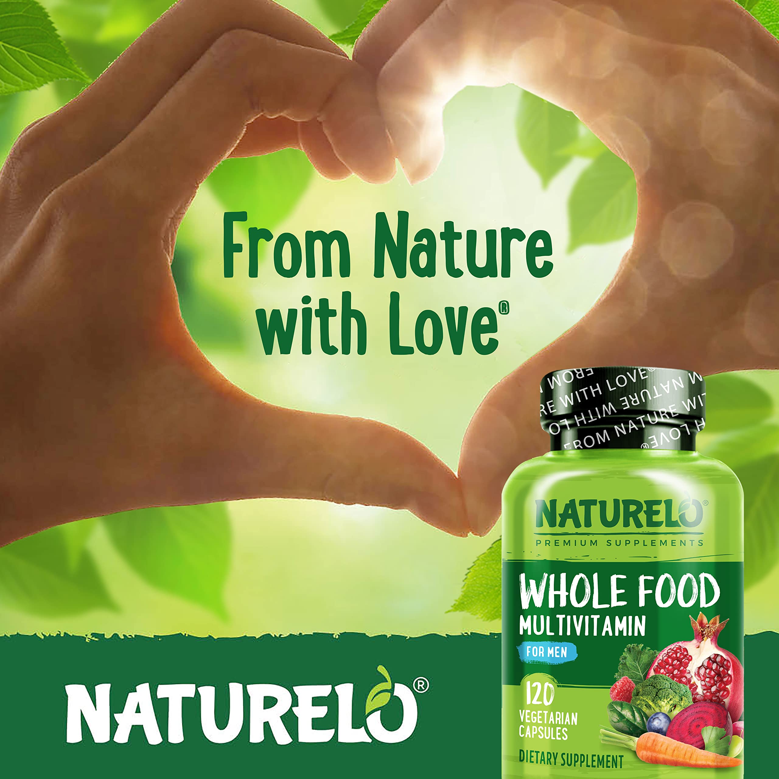 NATURELO Whole Food Multivitamin for Men - with Vitamins, Minerals, Organic Herbal Extracts - Vegetarian - for Energy, Brain, Heart, Eye Health - 120 Vegan Capsules