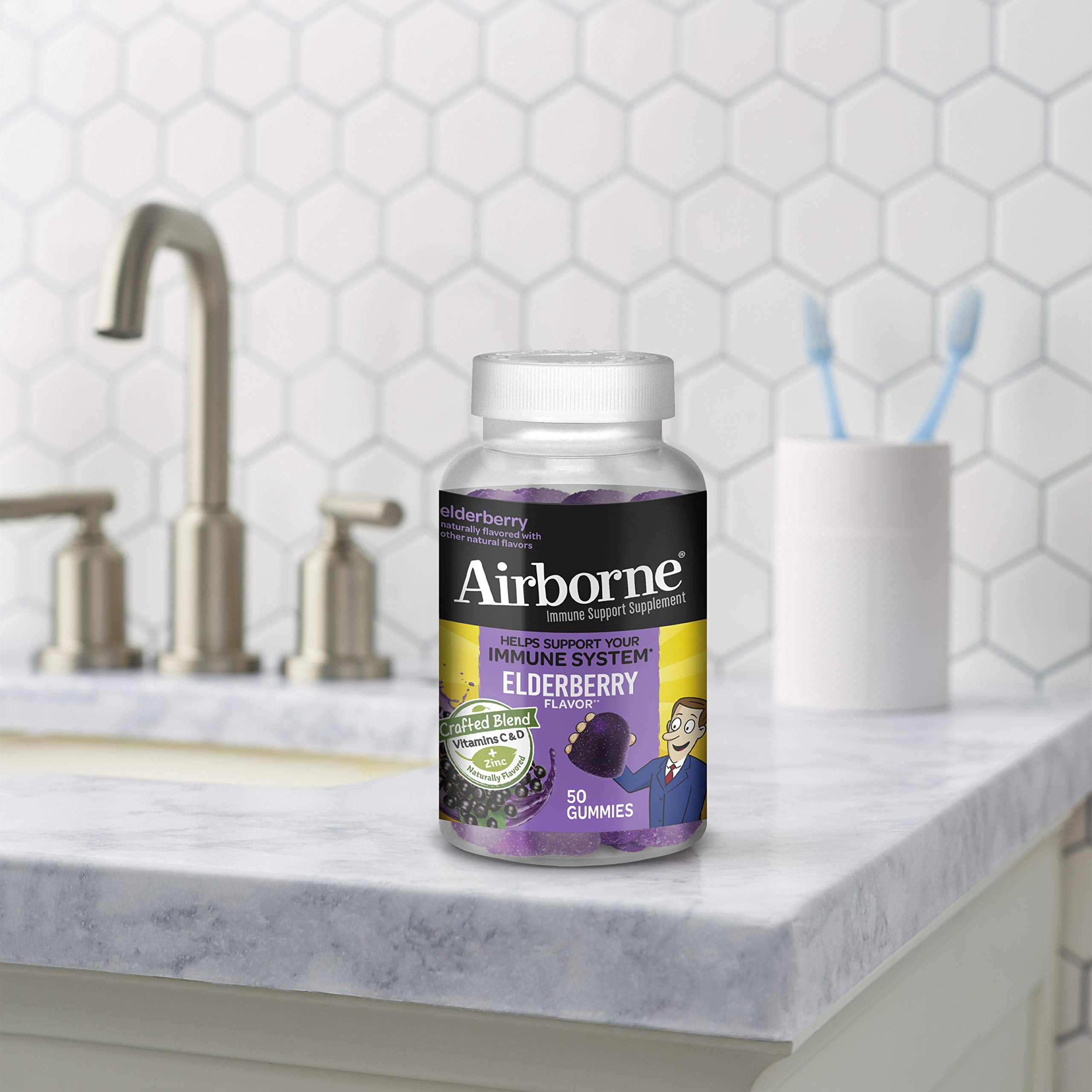 Airborne Elderberry + Zinc & Vitamin C Gummies For Adults, Immune Support Vitamin D & Zinc Gummies With Powerful Antioxidant Vitamins C D & E - 50 Gummies, Elderberry Flavor