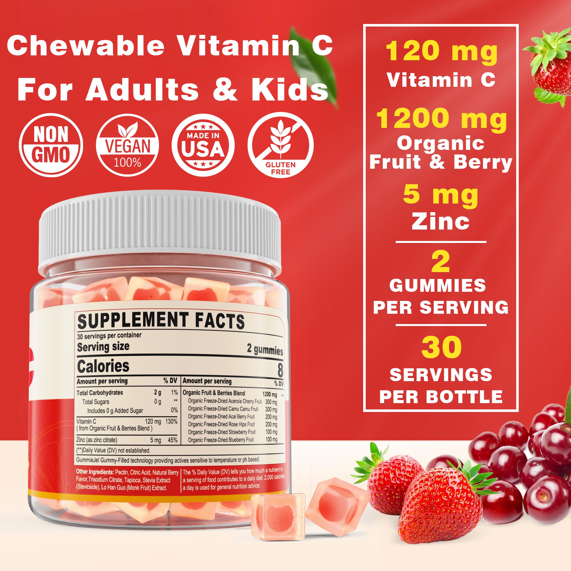 Whole Food Vitamin C Gummies for Adults & Kids, from 1200mg Freeze-Dried Fruits & Berries Blend, Raw Vitamin C Supplement, Antioxidants, Bioflavonoids & Polyphenols, Sugar Free, Orange Flavor, 60 Cts