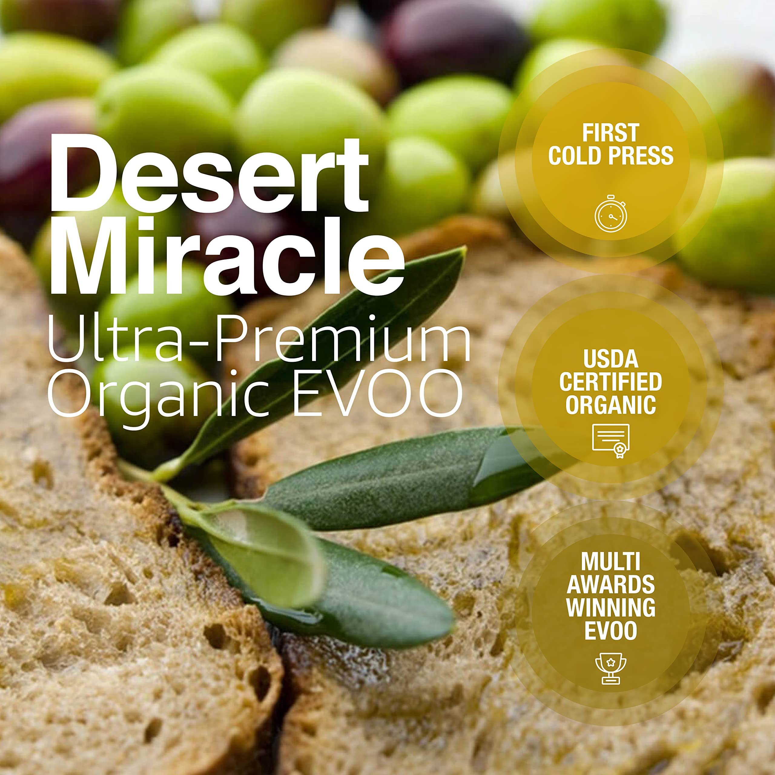 Desert Miracle Cold Pressed Polyphenol Rich Moroccan Olive Oil, First Cold Pressed EVOO From Morocco, Extra Virgin Organic Olive Oil, Gold Medals Awards Winning Olive Oil, 500 mL