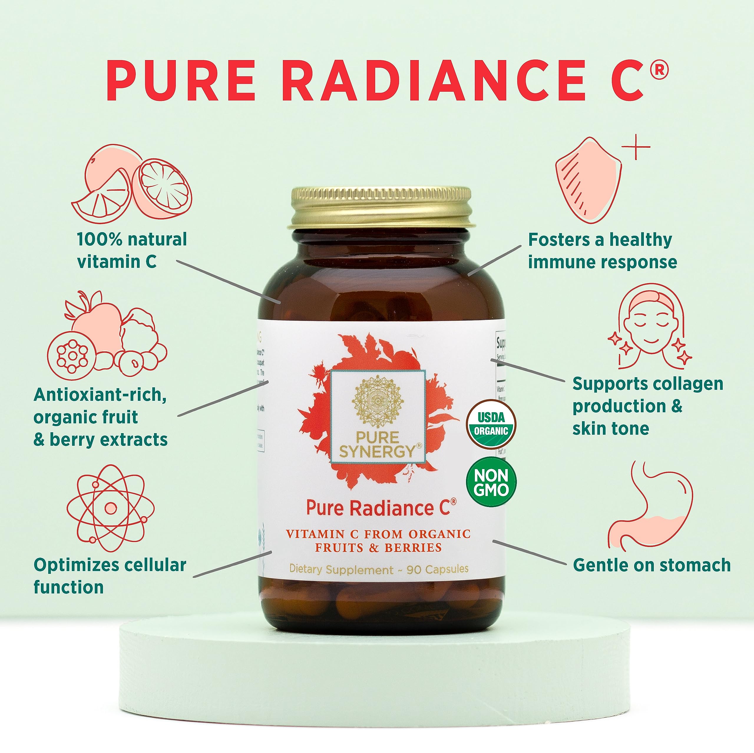 PURE SYNERGY Pure Radiance C | Organic Vitamin C Capsules | 100% Natural, Whole Food, Non-GMO Supplement with Camu Camu Extract | for Immune and Collagen Support (90 Capsules)